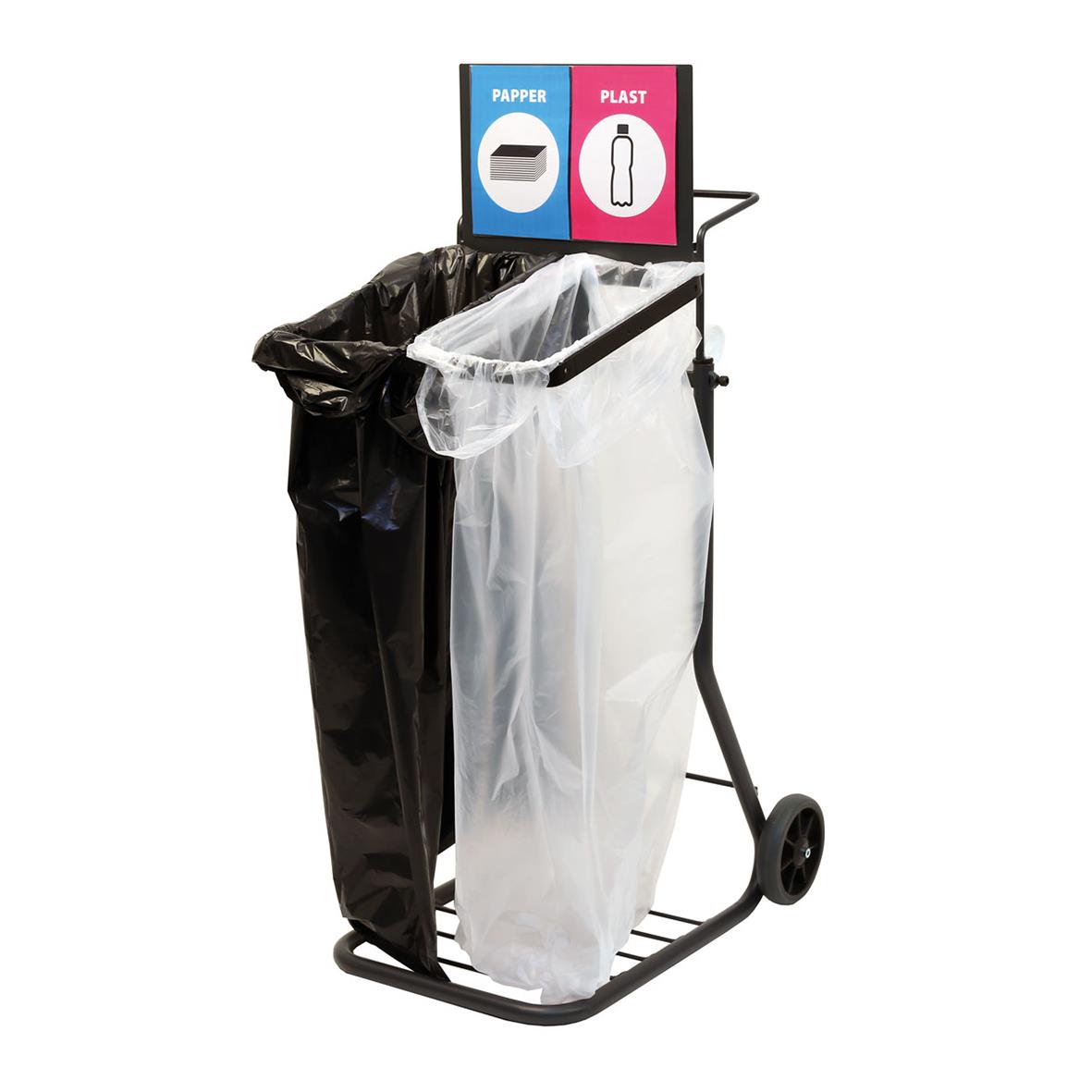 Sopsäckvagn med källsorteringshållare i svart, för papper och plast, med hjul och plastpåse