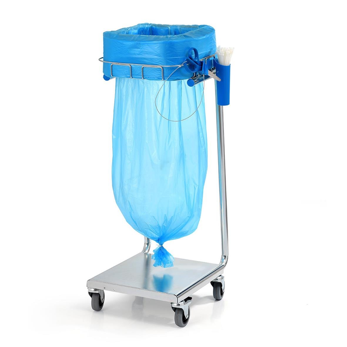 Galvaniserad sopsäcksställning med Longopac på hjul, blå säck