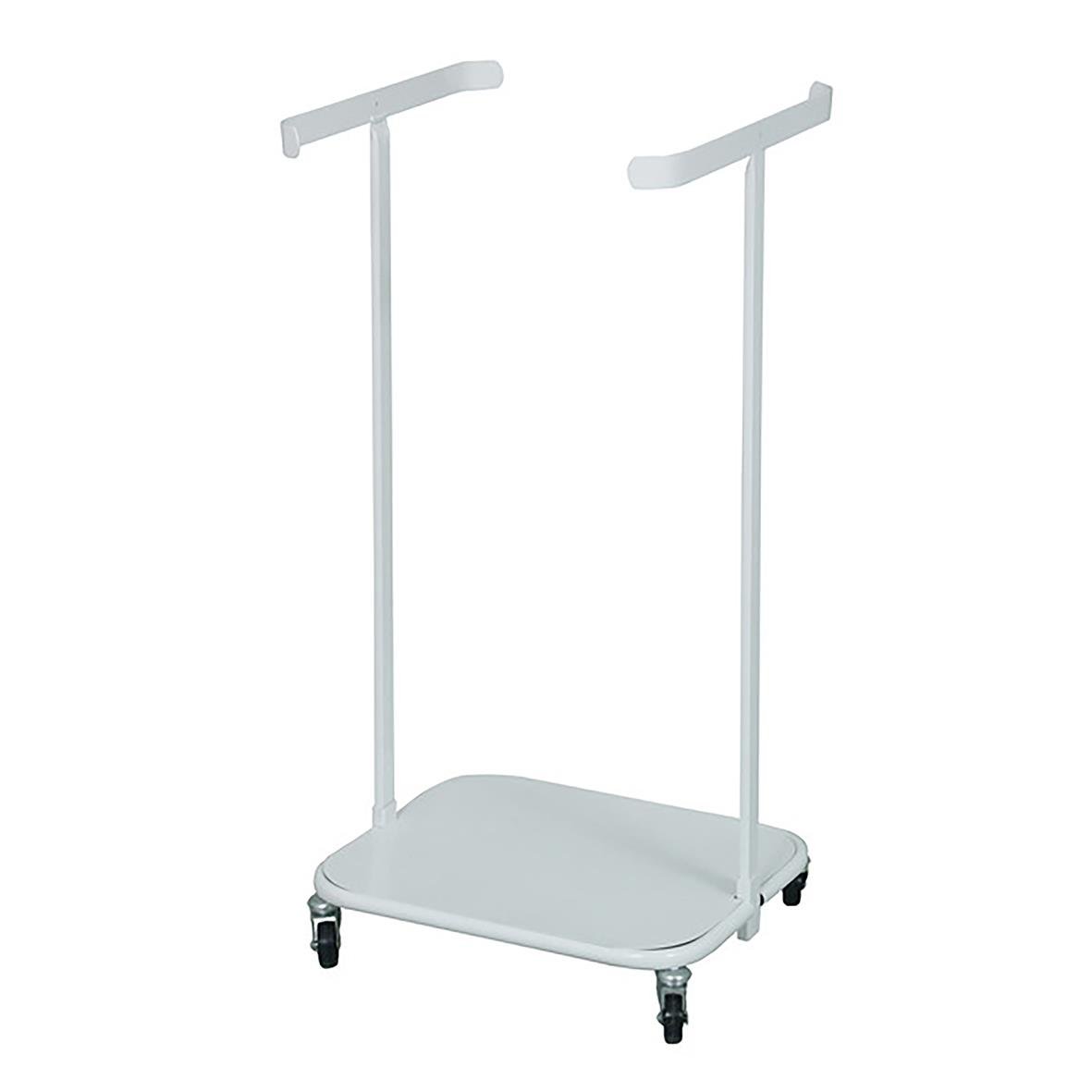 Vit sopsäcksställ med hjul, mått 34x34x67cm, kapacitet 60L, används för förvaring och transport av sopsäckar