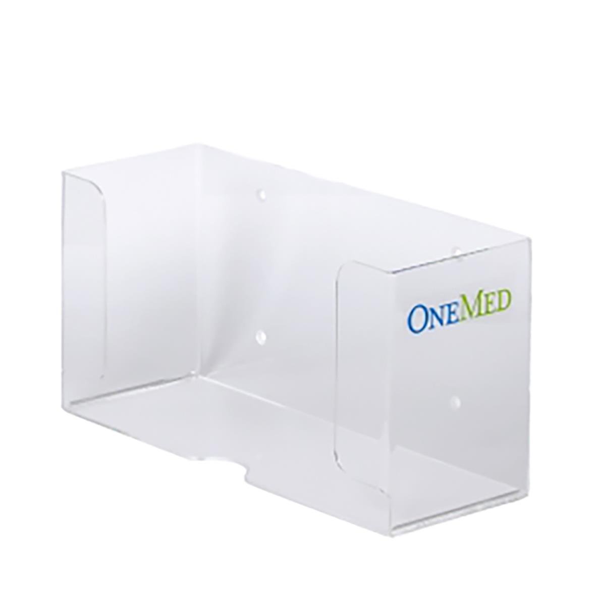 Transparent dispenser för engångshandskar med OneMed-logga, mått 268x99x136mm