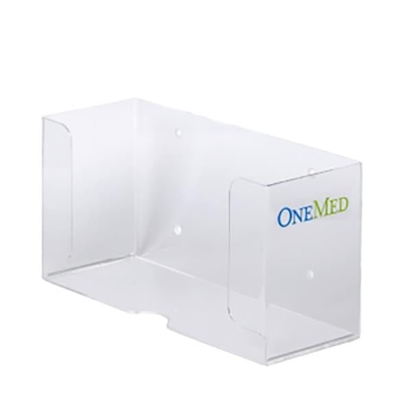 Transparent dispenser för engångshandskar med OneMed-logga, mått 268x99x136mm
