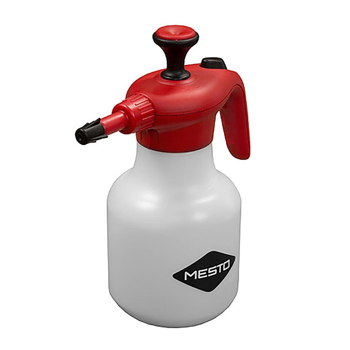 Tryckspruta i plast med röd topp och svart handtag, kapacitet 1,5L, klarar pH 4-7