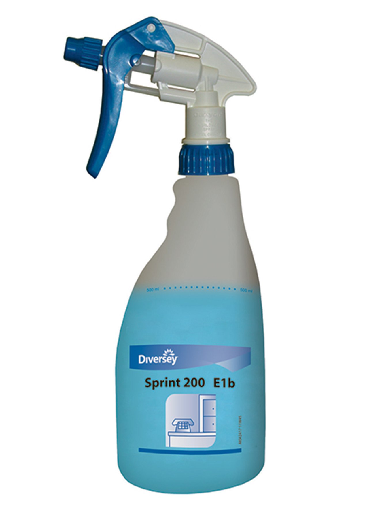 Sprayflaska Sprint 200 0,5l med blå sprayhuvud och vit behållare fylld med blå vätska