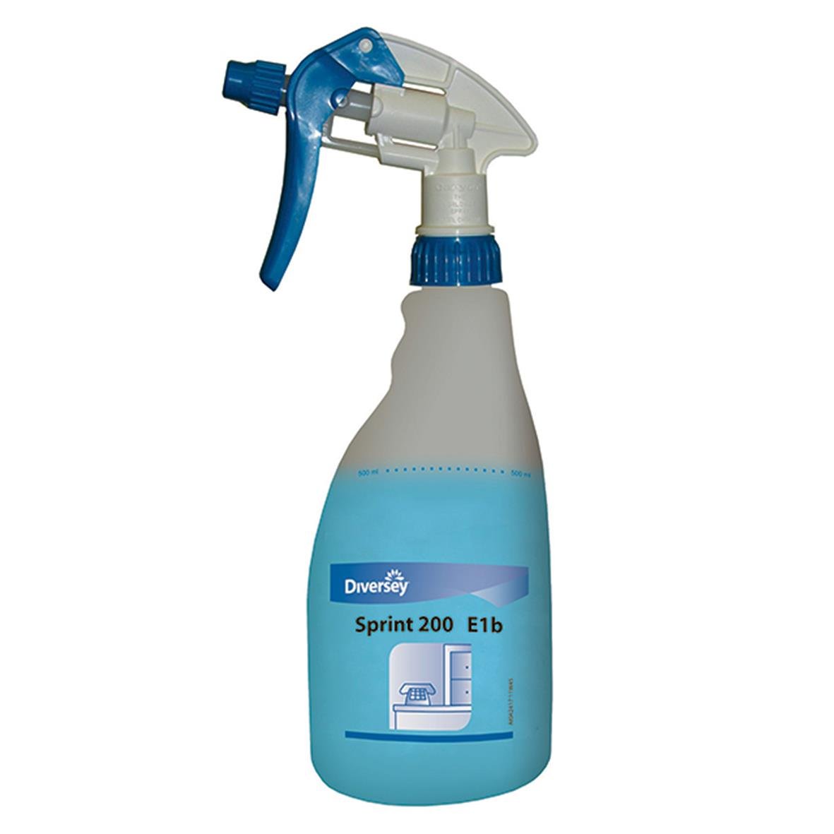 Sprayflaska Sprint 200 0,5l med blå sprayhuvud och vit behållare fylld med blå vätska