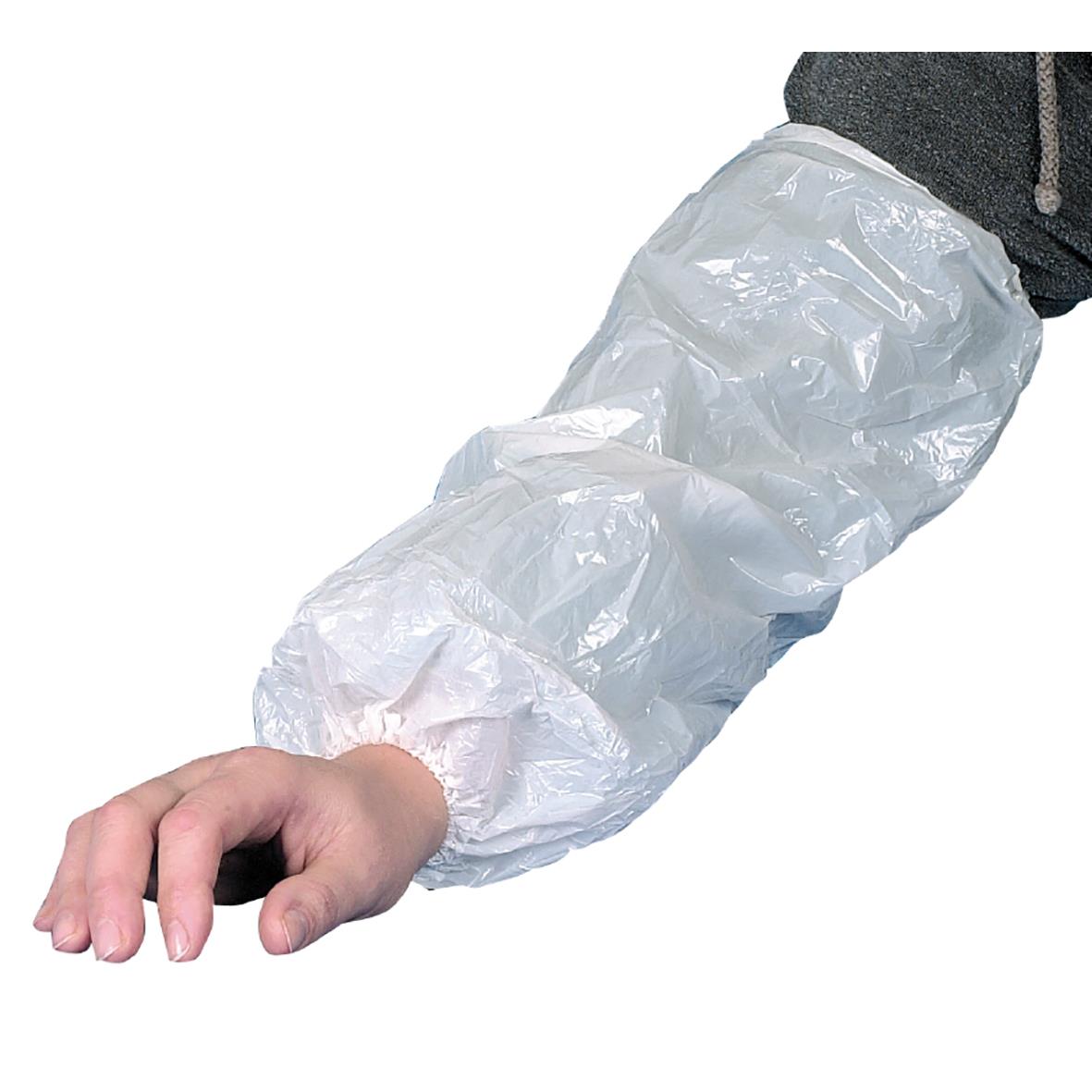 Ärmskydd i vitt plastmaterial, 40x20cm, används för skydd av armar vid arbete eller hygien