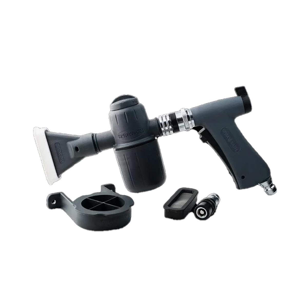Grå spraywash system med pistol, filter och tillbehör