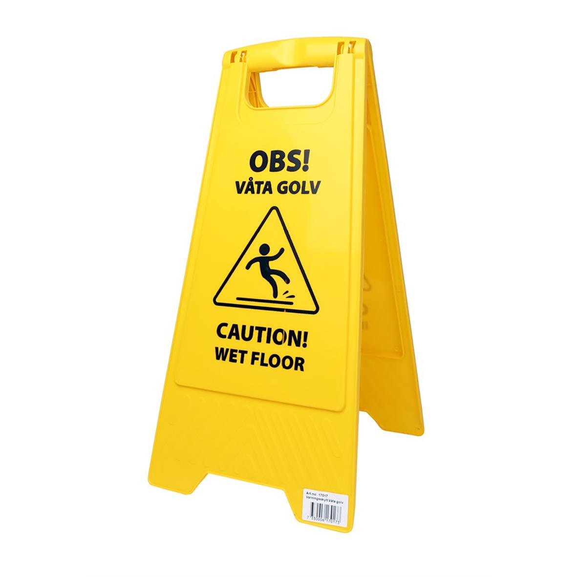 Utfällbar gul städskylt med varningsmeddelande om våt golv och pågående städning