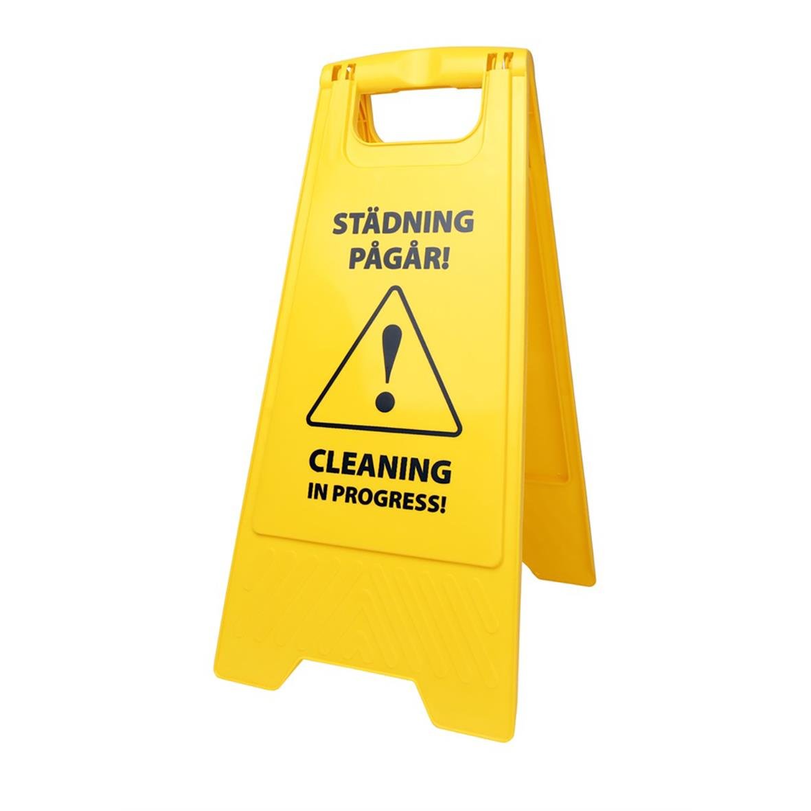 Utfällbar gul städskylt med text på svenska och engelska som varnar för pågående städning