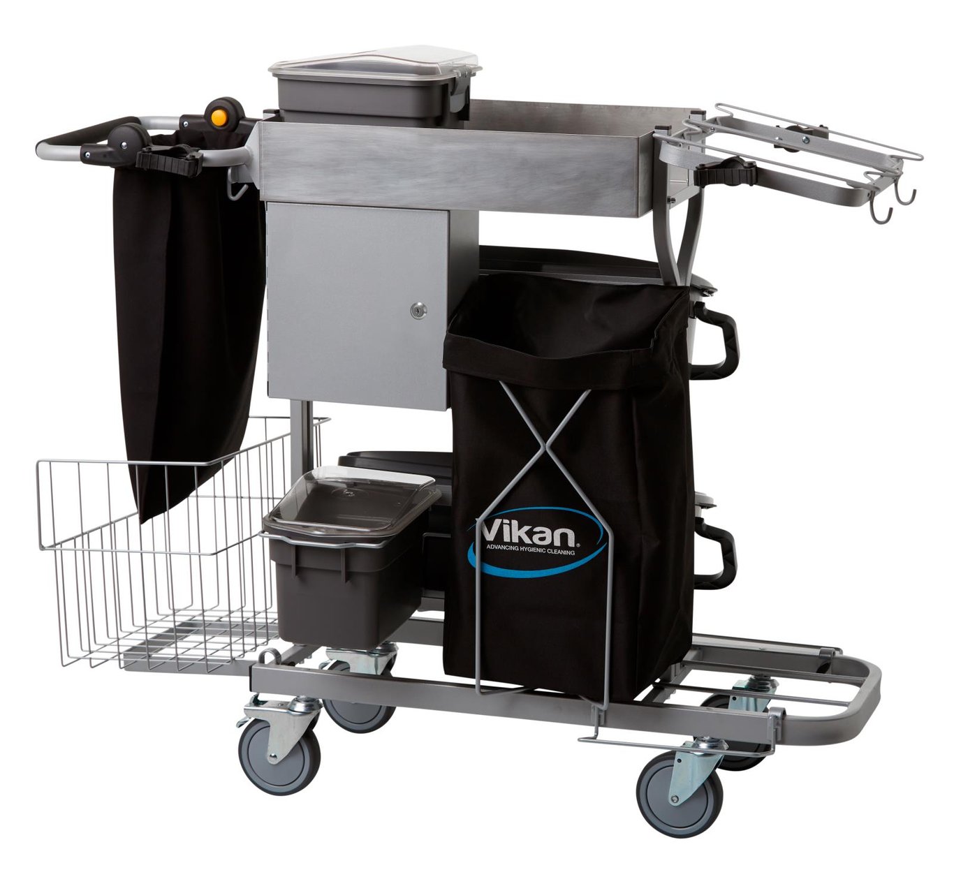 Litet låsbart skåp på städvagn med tillbehör och förvaringsutrymme