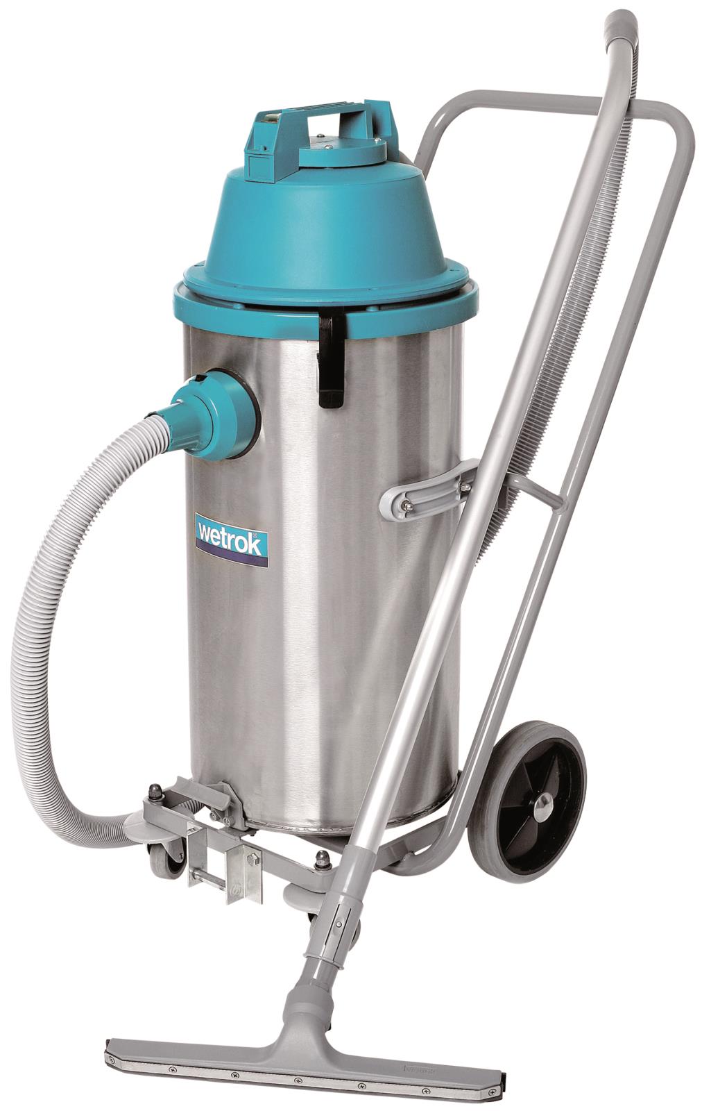 Våtsug Wetrok Duovac 34 i rostfritt stål med blått lock och handtag, på hjul för enkel förflyttning