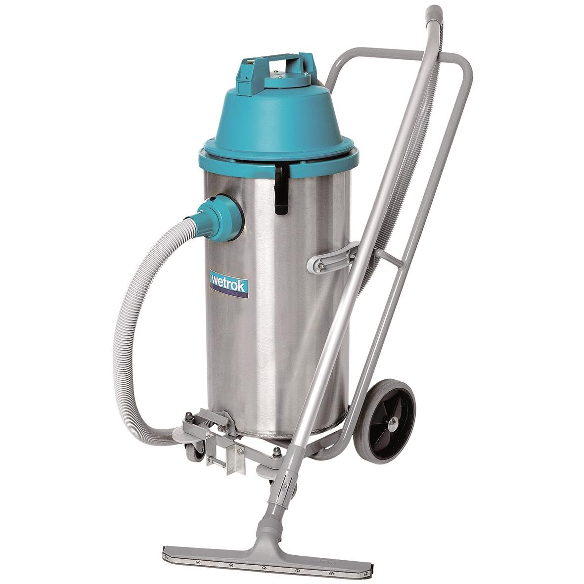 Våtsug Wetrok Duovac 34 i rostfritt stål med blått lock och handtag, på hjul för enkel förflyttning