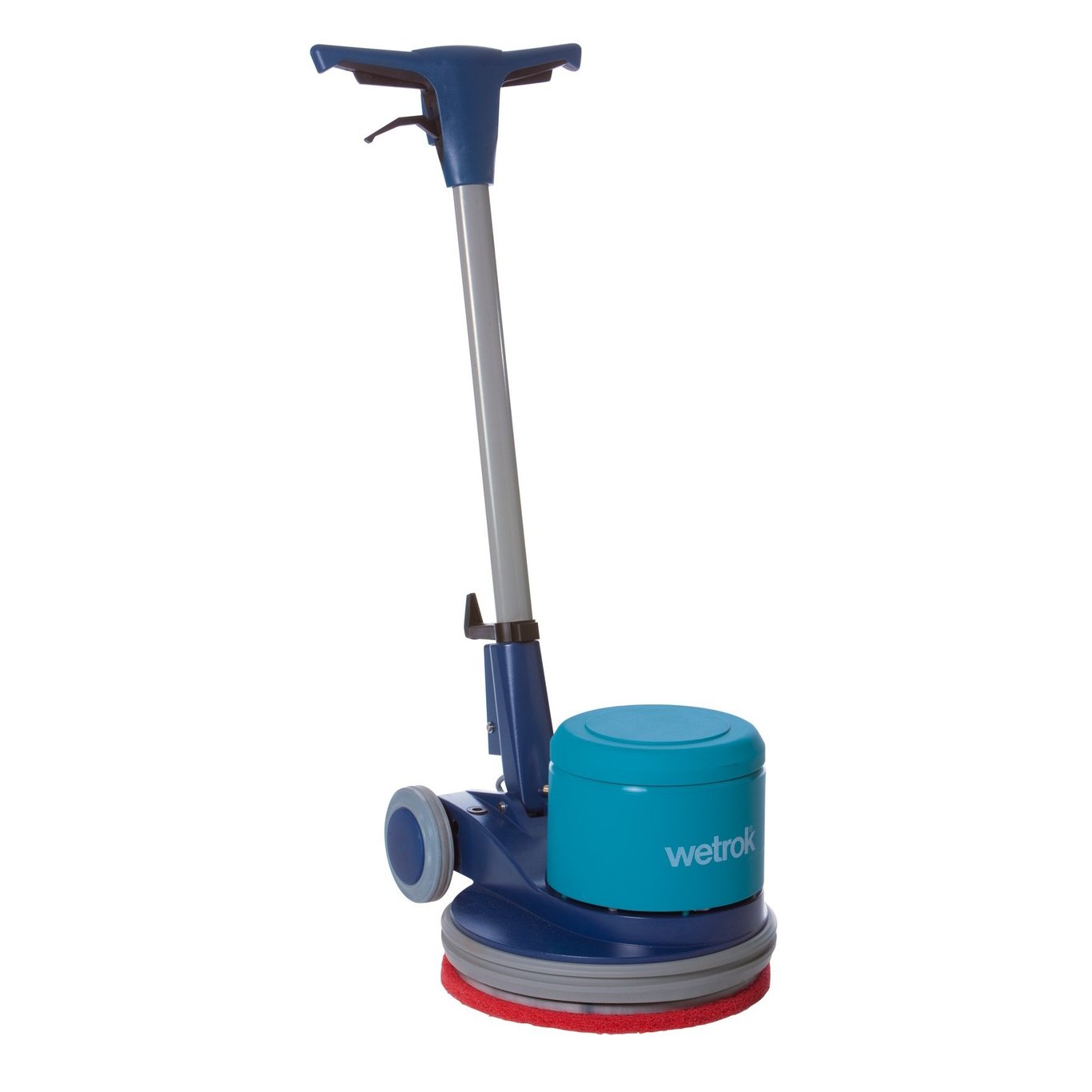 Singelskurmaskin Wetrok Monomatic I med blått handtag och rund blå behållare