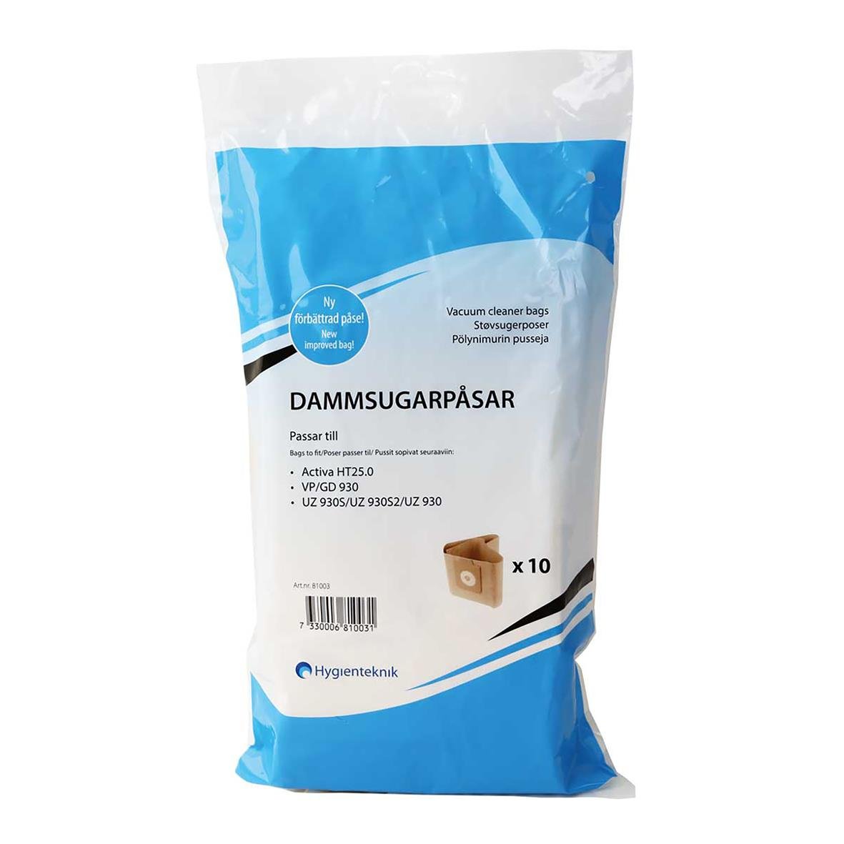 Pack med 10 dammsugarpåsar för GD930, blå och vit förpackning