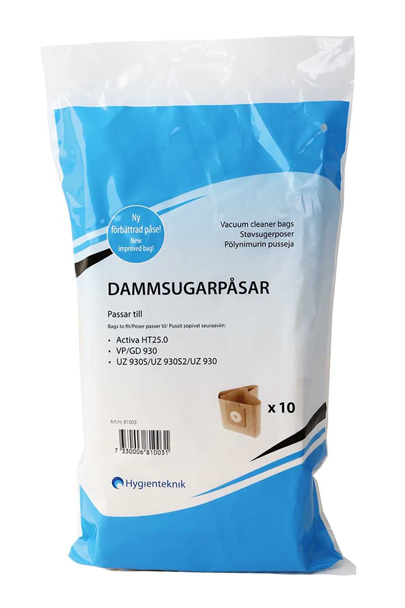 Pack med 10 dammsugarpåsar för GD930, blå och vit förpackning