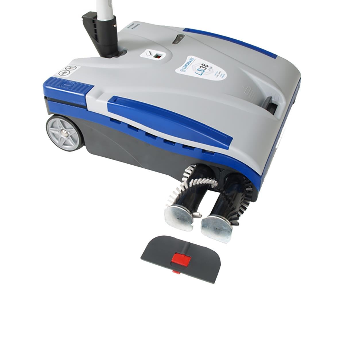 Borstvalsdammsugare Lindhaus LS 38 Li-Lion i grå och blå färg med hjul och handtag