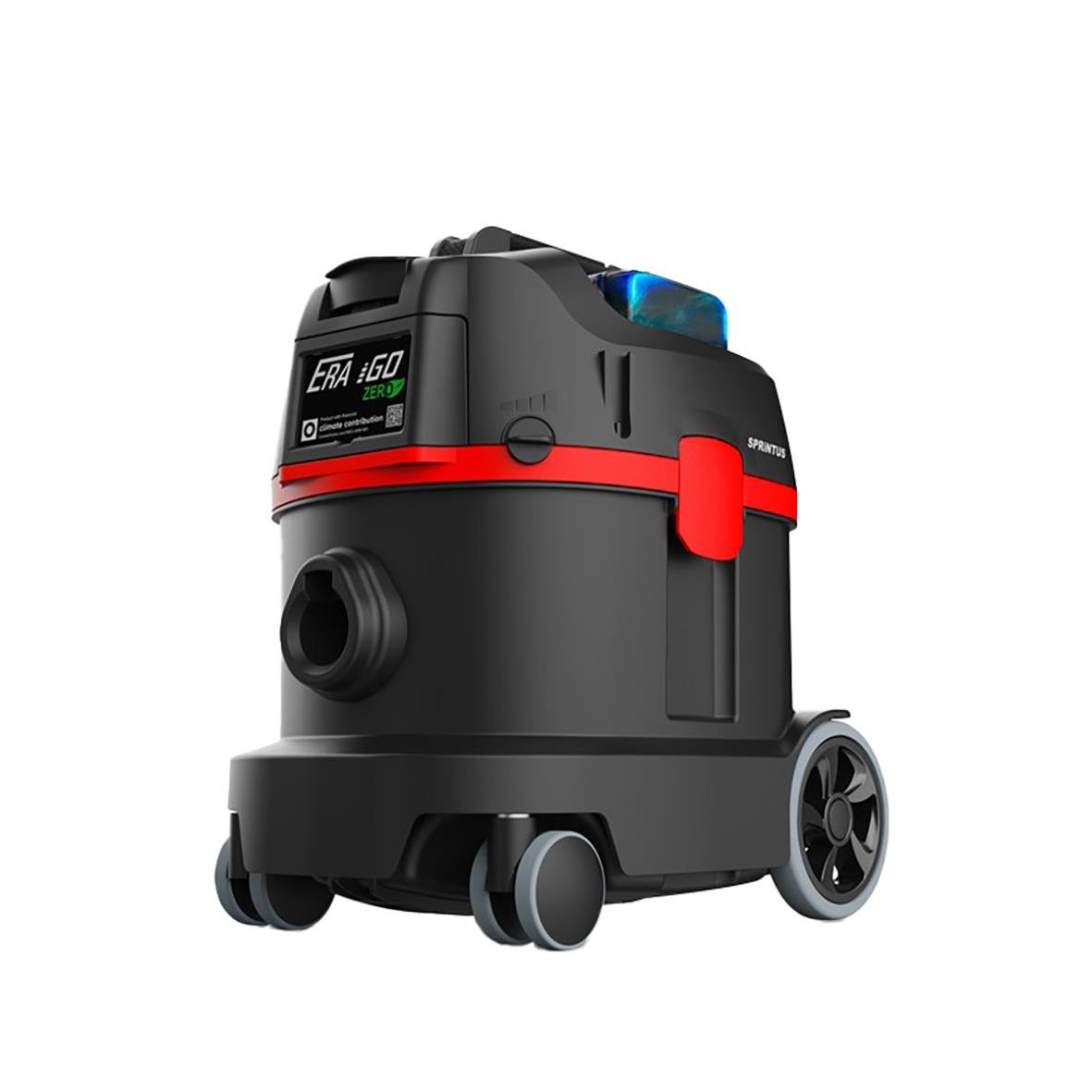 Dammsugare Sprintus ERA IGO ZERO batteridriven med 2x18V 5Ah, svart och röd, på hjul