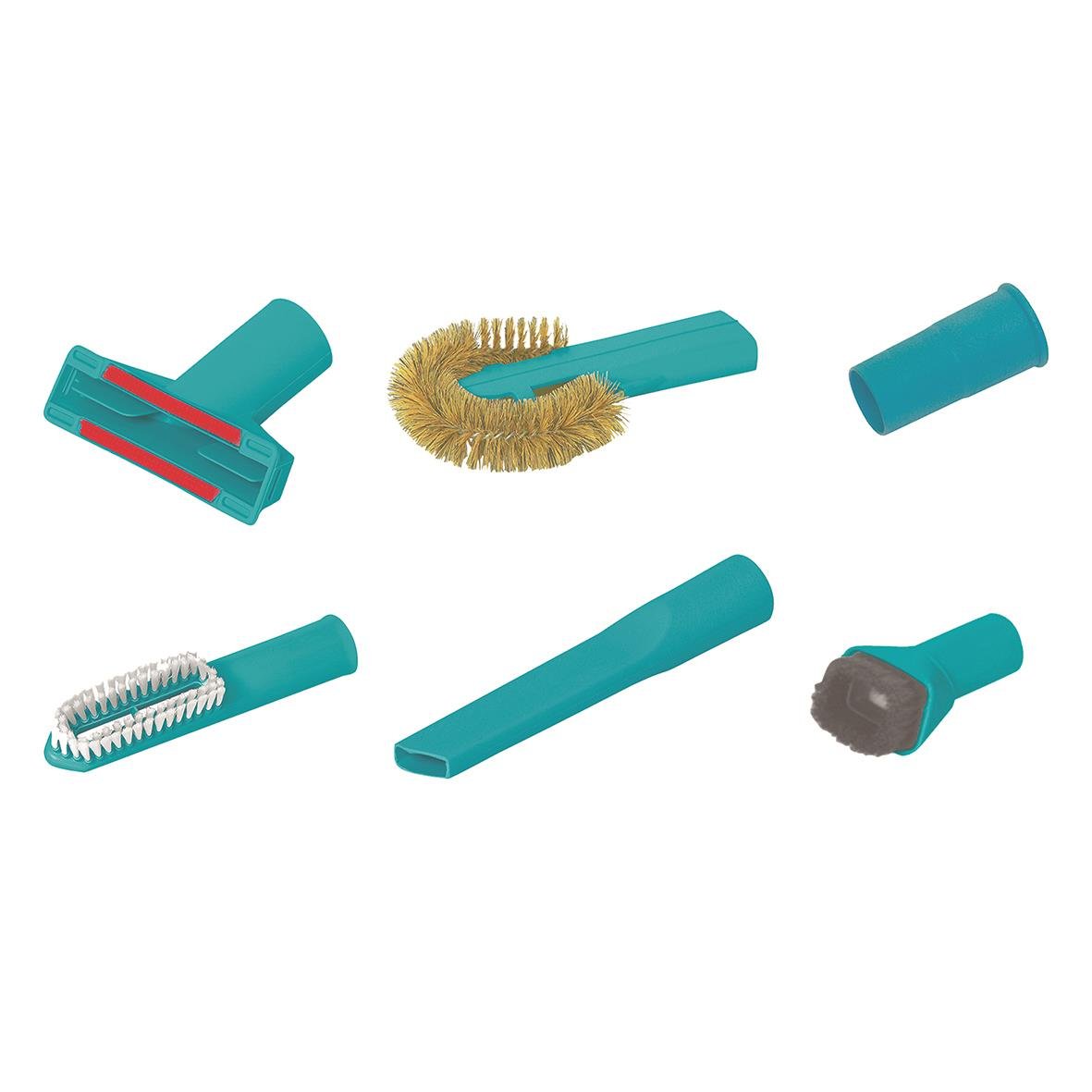 Munstyckeset med sex olika munstycken för Wetrok 6, inklusive borst, filt, och adaptrar i blått