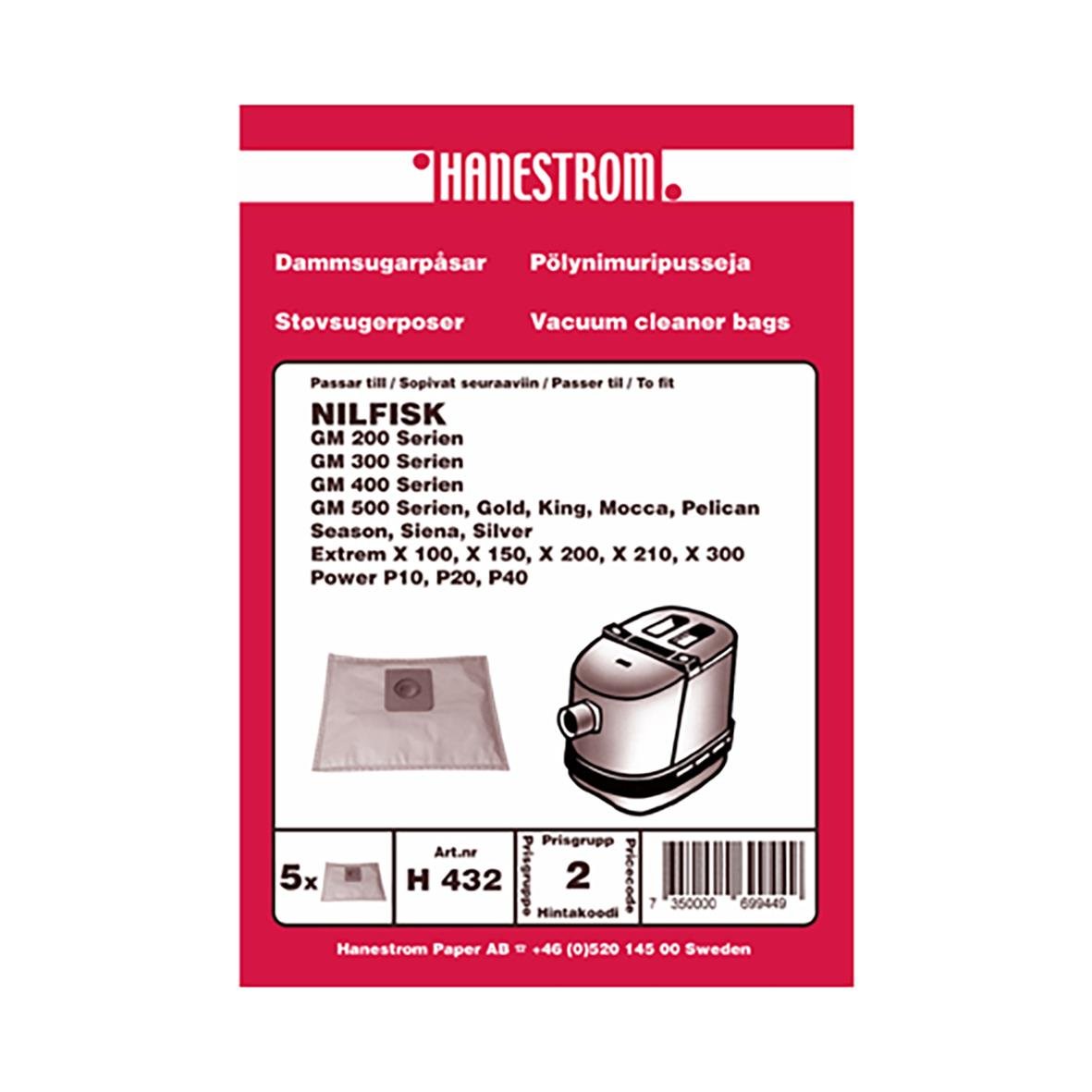 Dammsugarpåse för Nilfisk Gm200-Gm500 modeller, förpackning med 5 påsar och bild av dammsugarpåse samt maskin