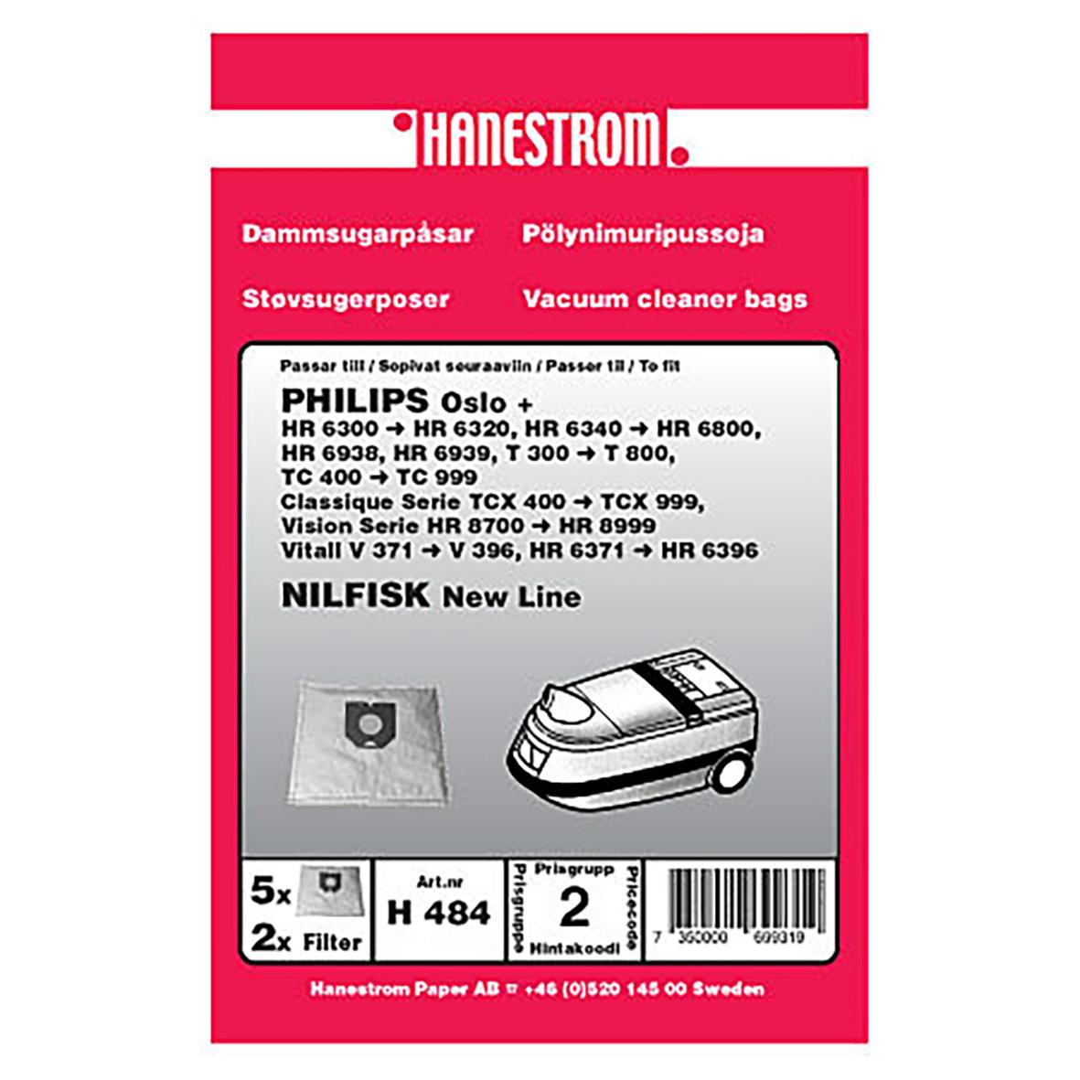 Förpackning med fem dammsugarpåsar för Philips Oslo+ och andra modeller, samt extra filter och tillbehör