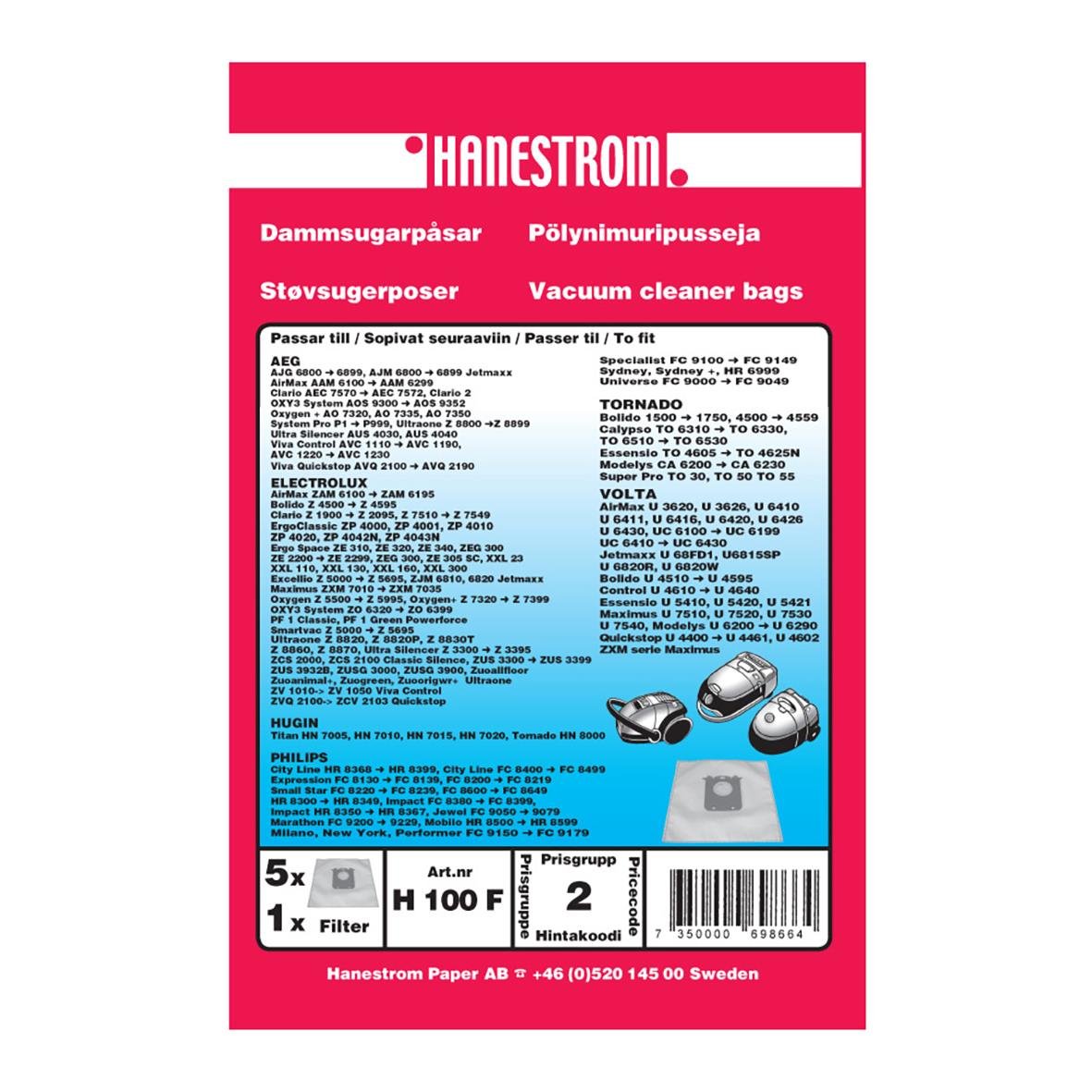 Dammsugarpåse Electrolux Volta S-Bag Syntet i rosa och blått med produktinformation och bild av påsarna