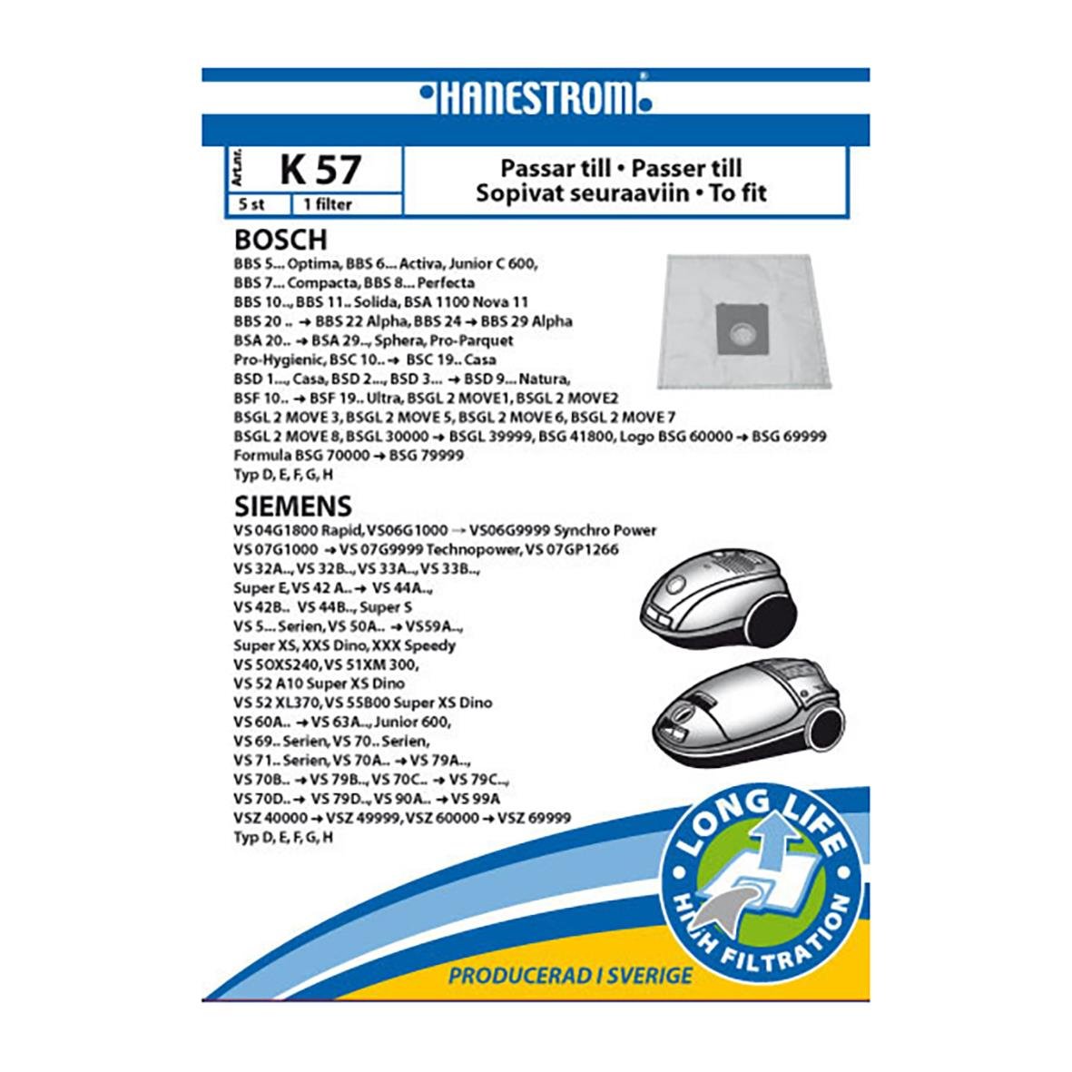 Dammsugarpåse Bosch Bsgl2Move/Siemens Vsz 4 med produktinformation och bild av dammsugarpåsar
