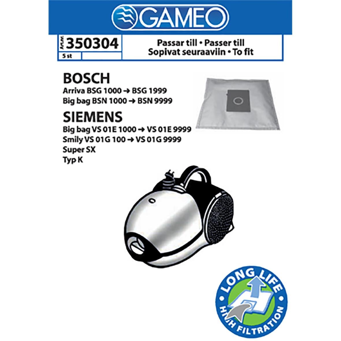 Dammsugarpåse för Bosch och Siemens, passar olika modeller, 5-pack