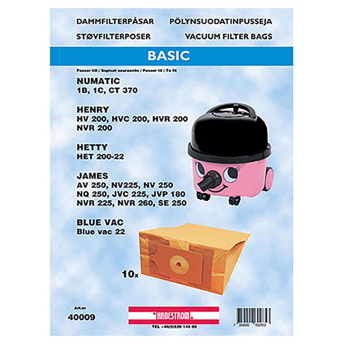 Dammsugarpåse för Numatic Henry 1B, 1C, samt andra modeller, i förpackning med 10 st