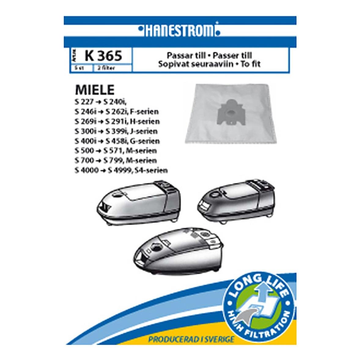 Dammsugarpåse för Miele S300-S399 och S4000-S4999 modeller, inklusive filter och kompatibilitetsinformation