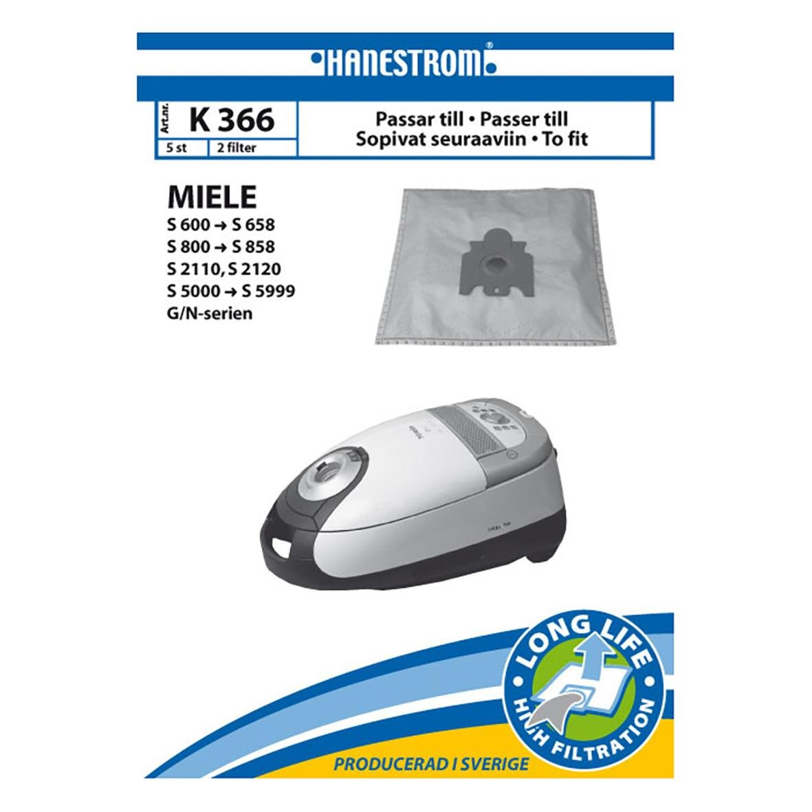 Dammsugarpåse för Miele S5000-S5999, passar till olika modeller, visar en dammsugarpåse och en Miele dammsugare.