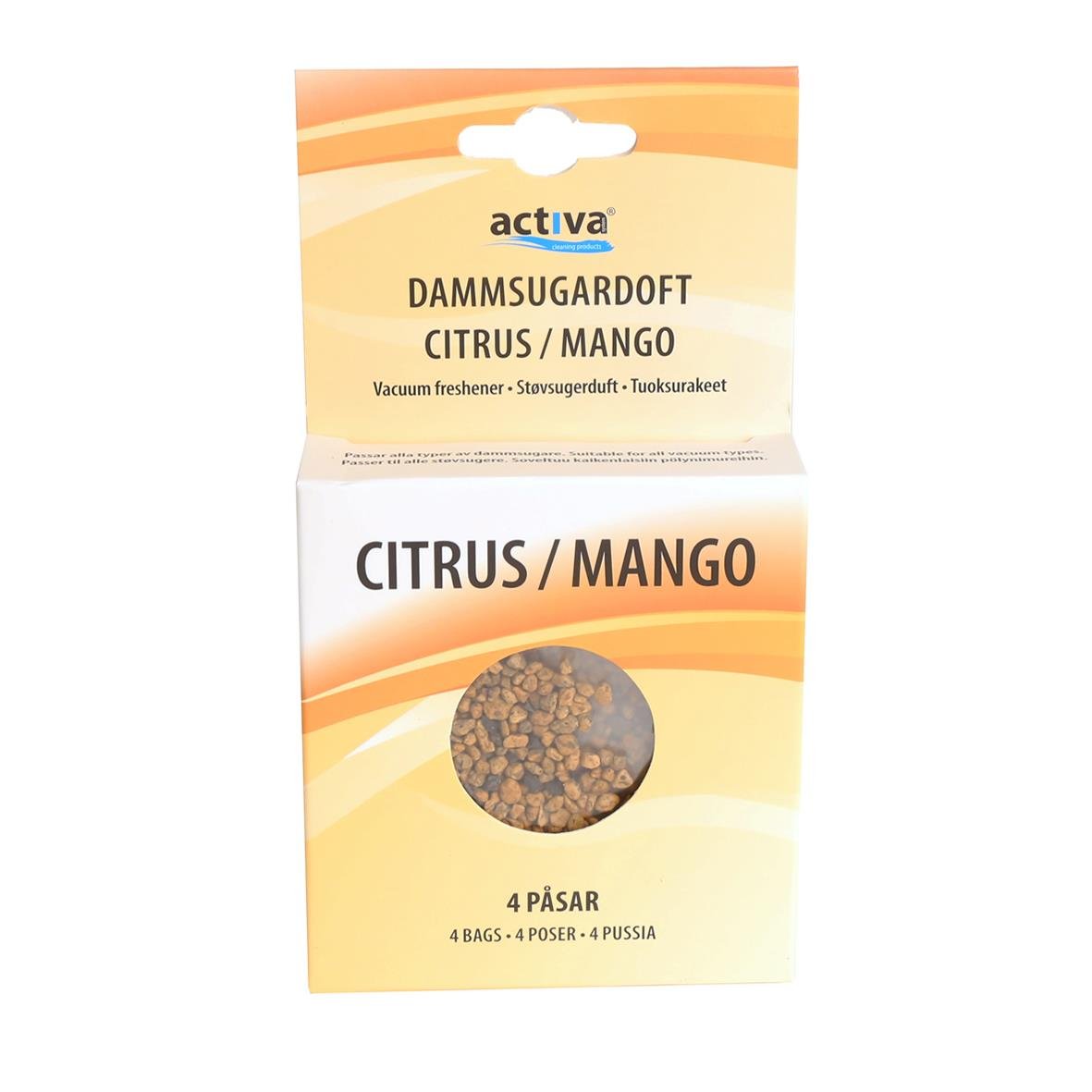 Dammsugaruppfräshare Activa Citrus Mango i förpackning med fyra påsar