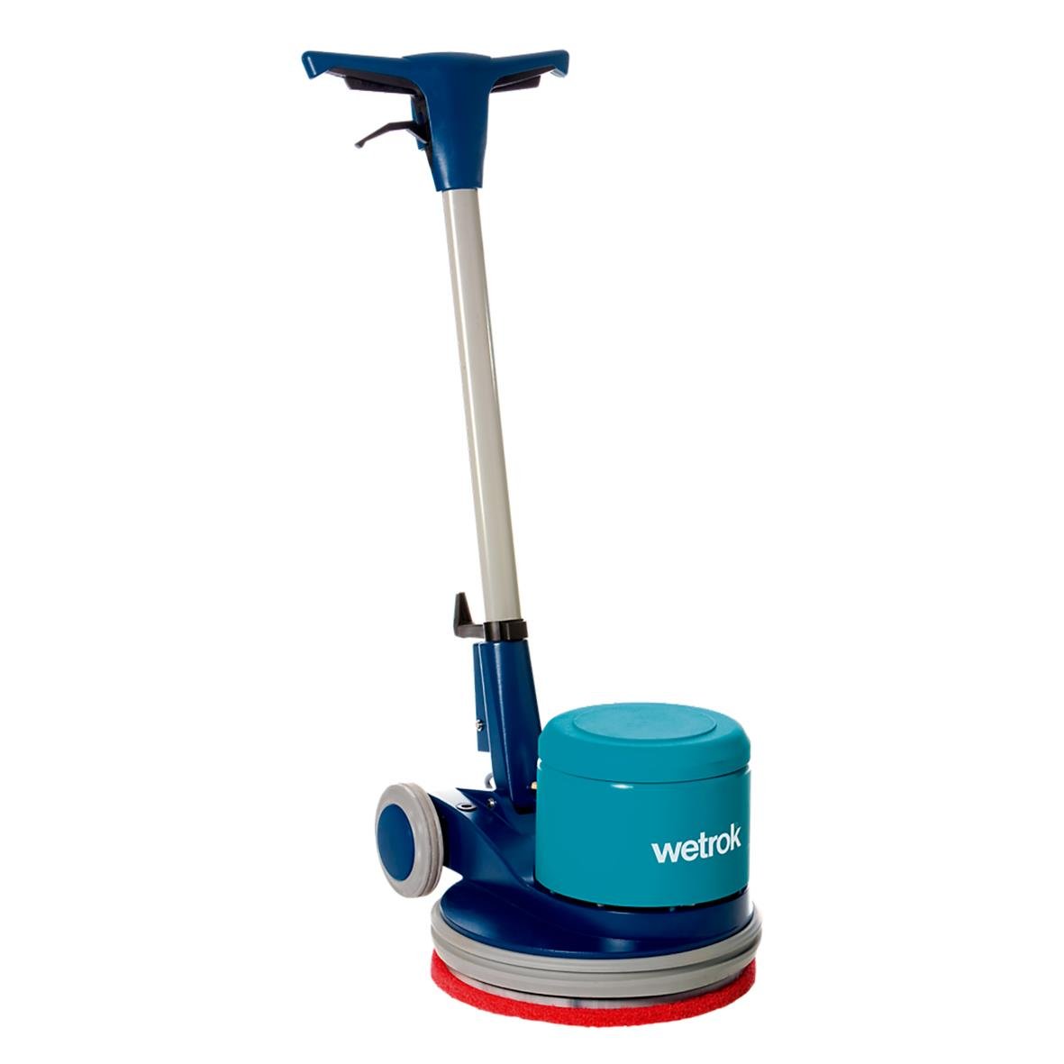 Singelskurmaskin Wetrok Monomatic DS i blå och grå färg med handtag och roterande borste