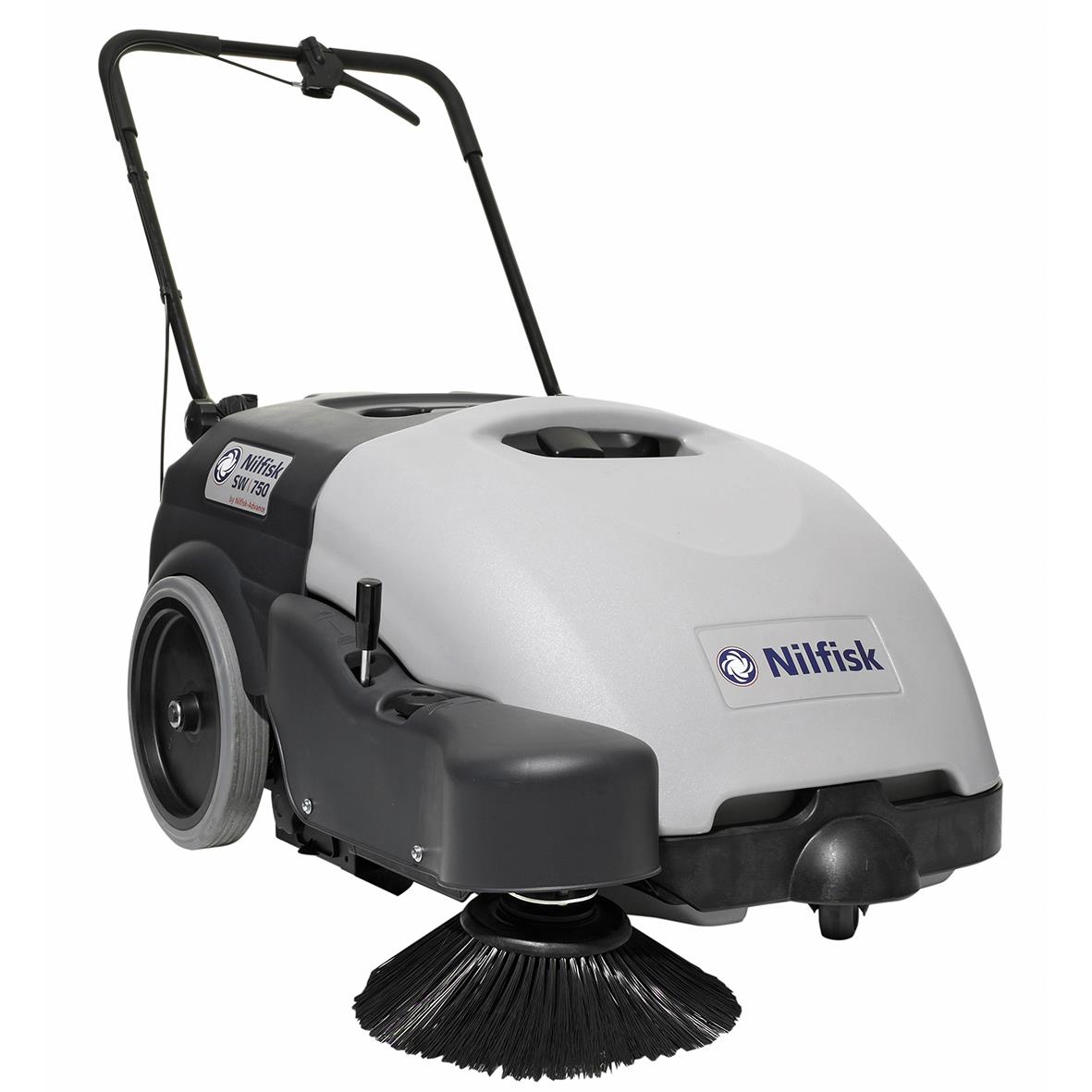 Nilfisk SW750 sopmaskin i vitt och svart med handtag och roterande borste