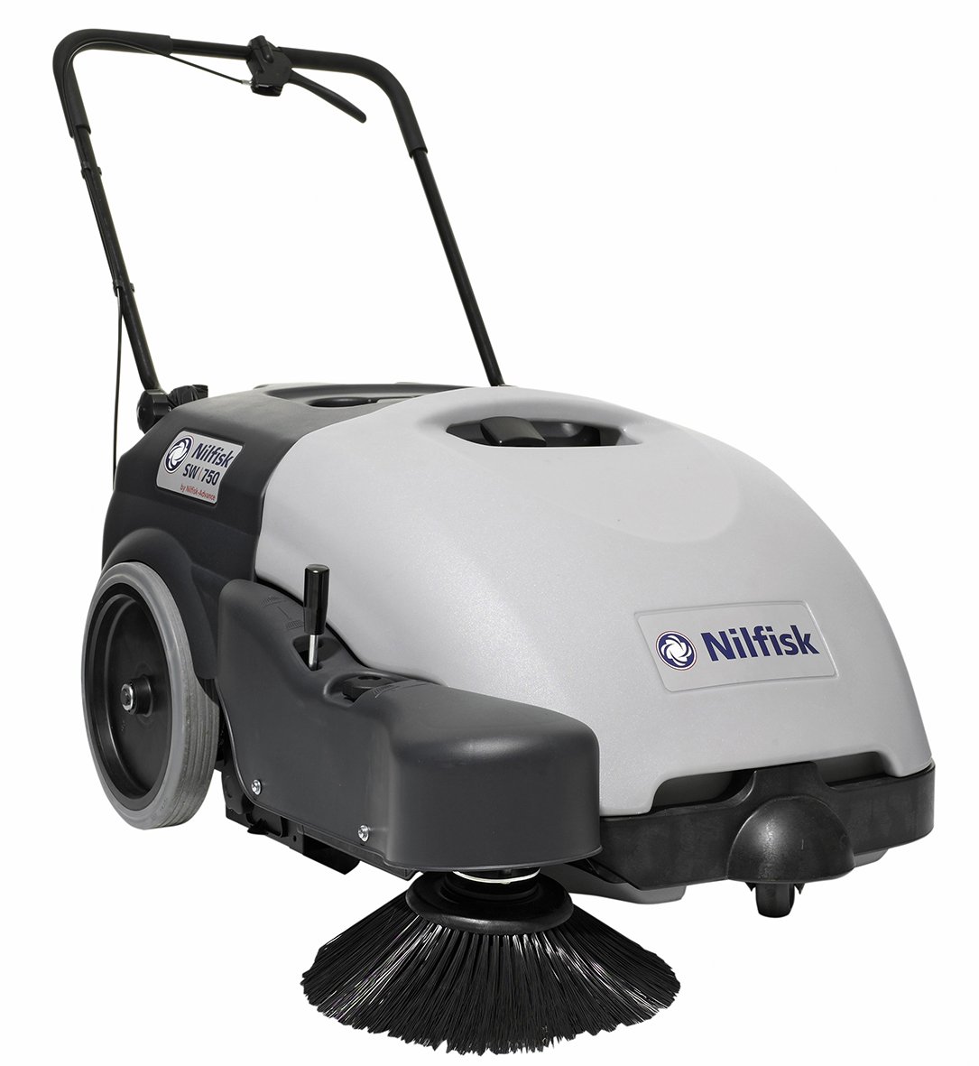 Nilfisk SW750 sopmaskin i vitt och svart med handtag och roterande borste