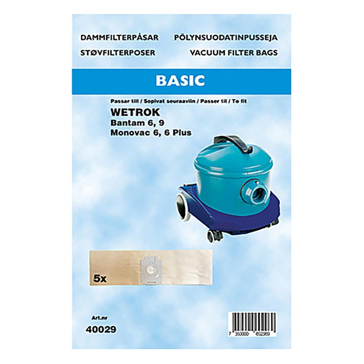 Dammsugarpåse för Wetrok Bantam/Monovac, 5-pack, blå och beige design