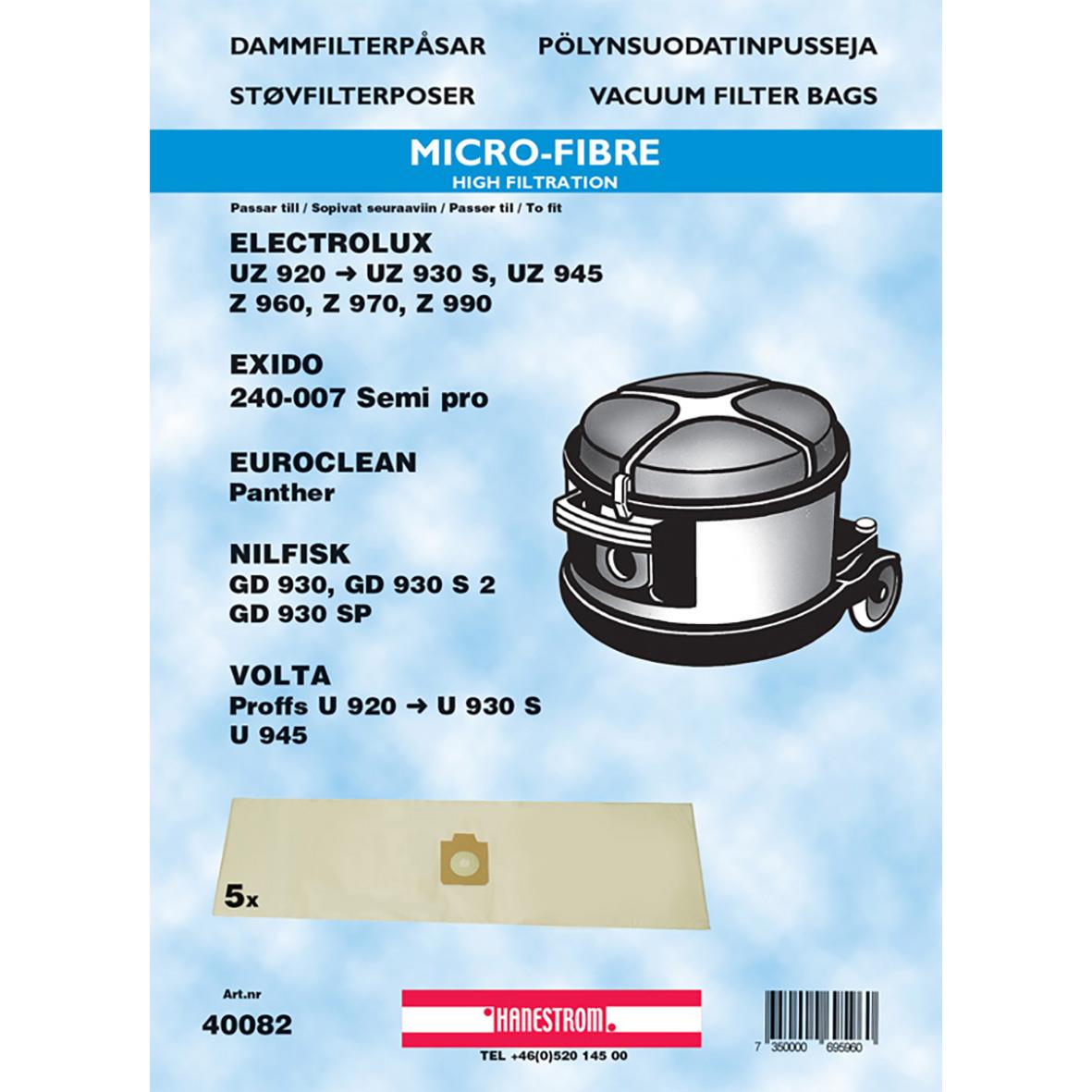 Dammsugarpåse VP930 Syntet för Electrolux, Exido, Euroclean, Nilfisk och Volta, 5-pack