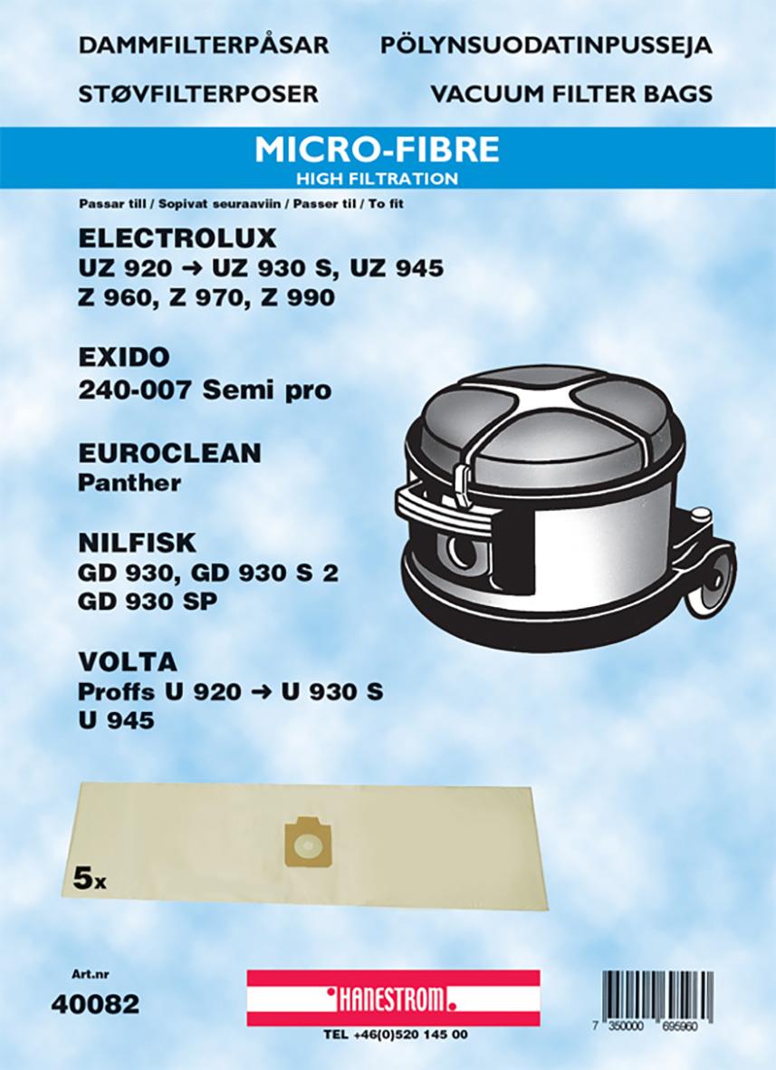 Dammsugarpåse VP930 Syntet för Electrolux, Exido, Euroclean, Nilfisk och Volta, 5-pack