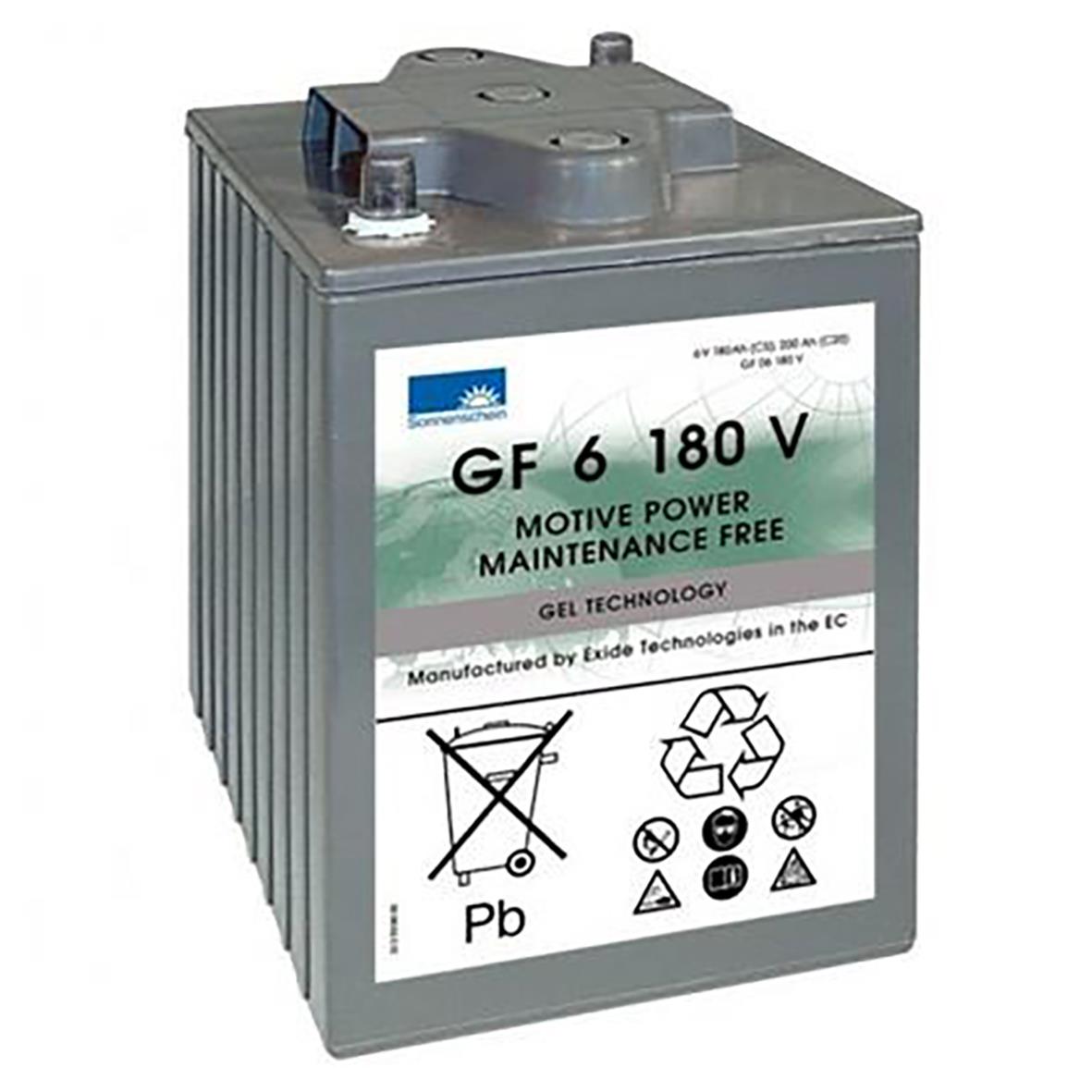 Batteri Dryfit DB 6V 180 Ah med metallhölje och etikett med tekniska specifikationer