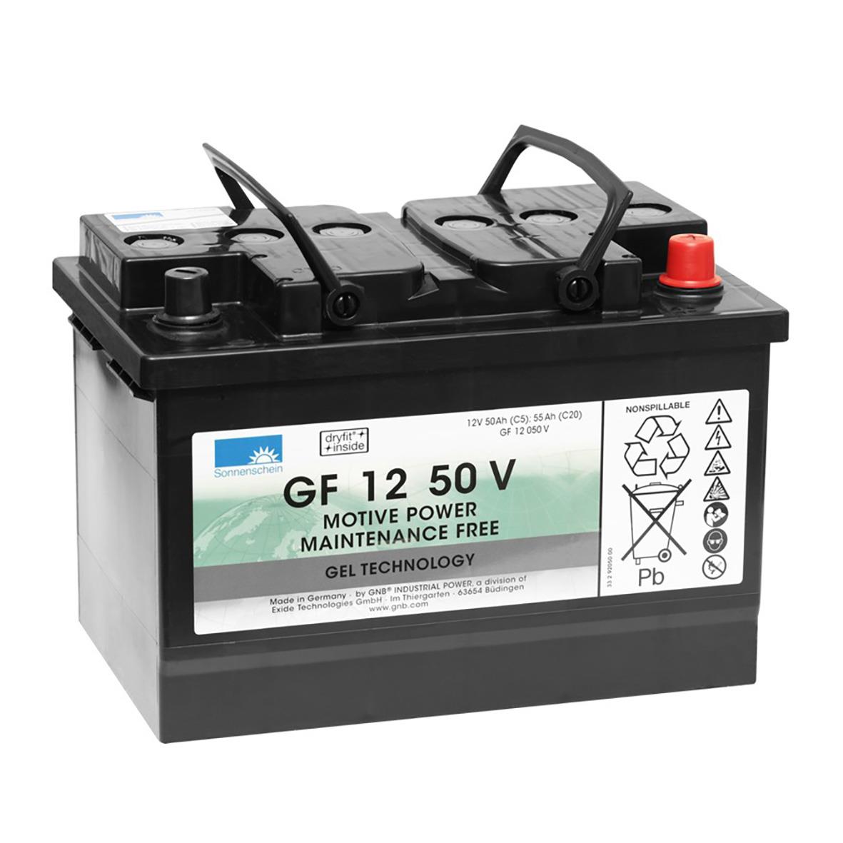 Svart Taski gelbatteri på 12 V och 50 Ah med bärhandtag