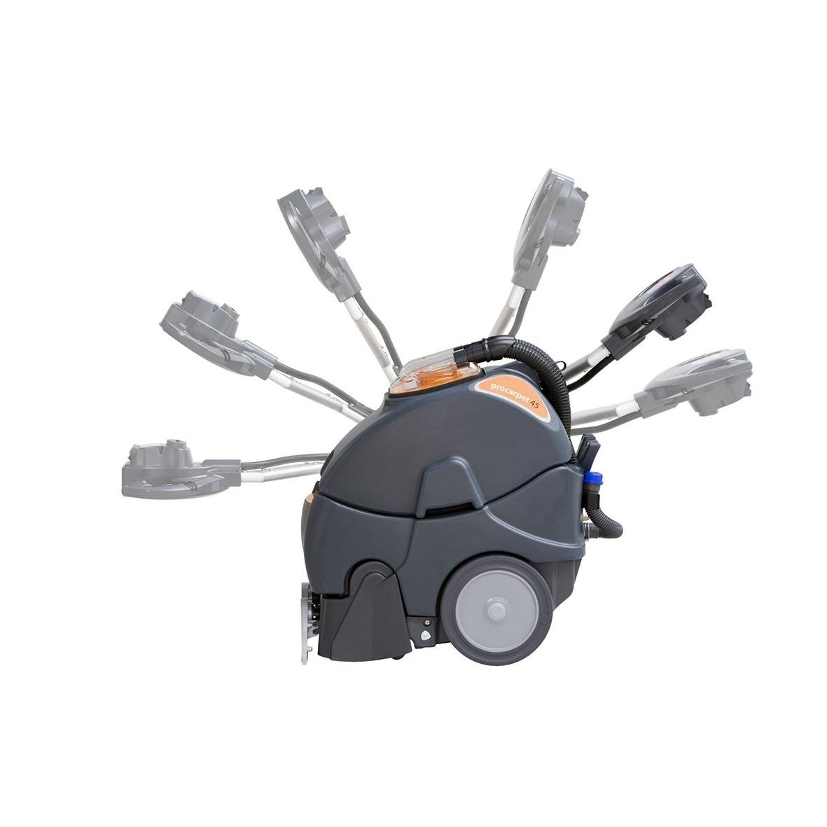 " Taski Procarpet 45 Euro, en rengöringsmaskin med flera positionerade bilder för att visa dess funktioner"