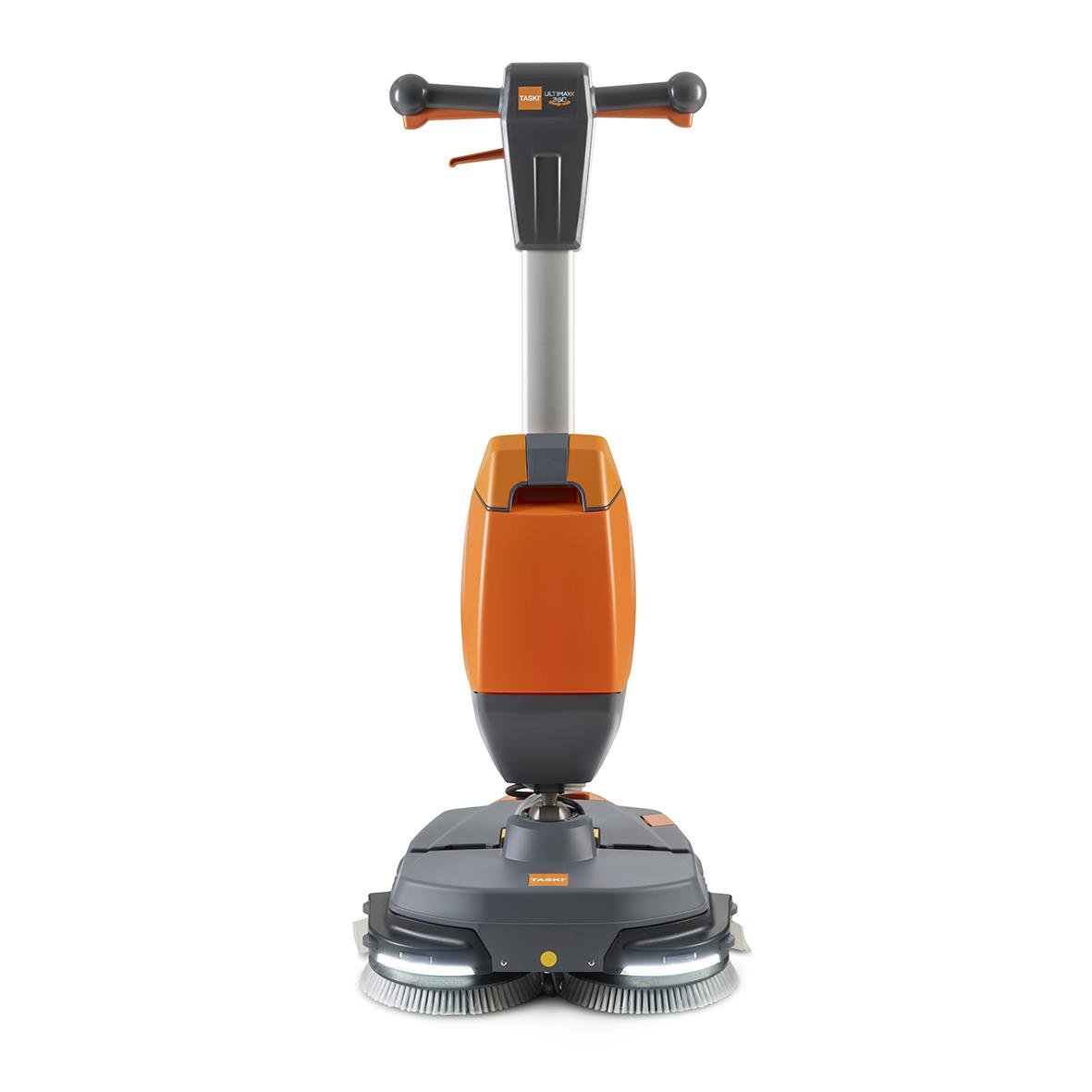 Rengöringsrobot med orange och svart design och roterande borstar under