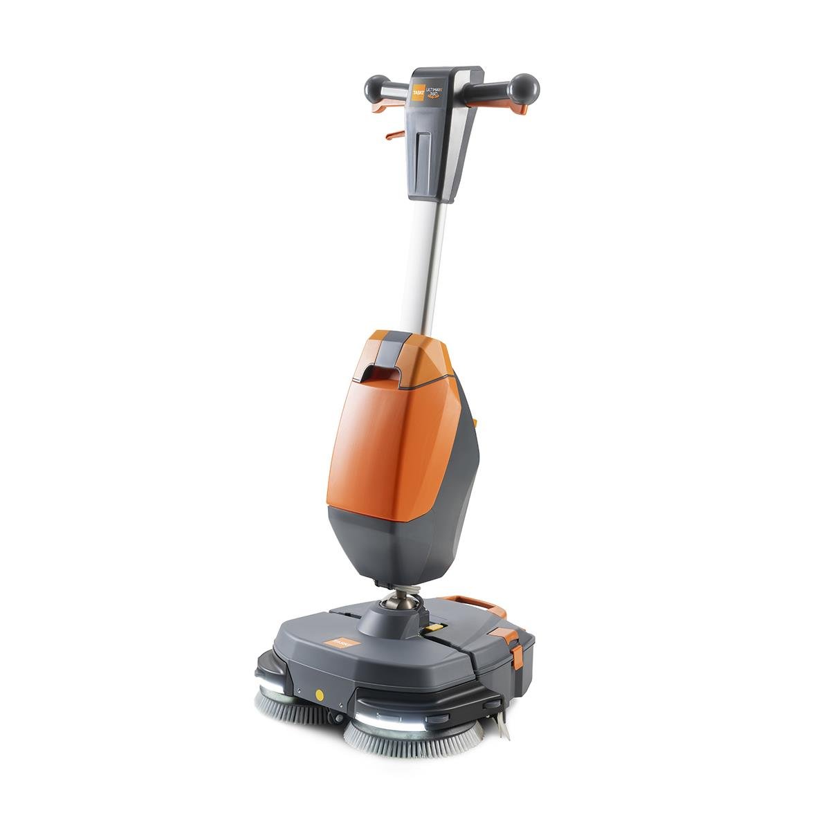 Robust robotdammsugare med orange och svart design och handtag för manövrering