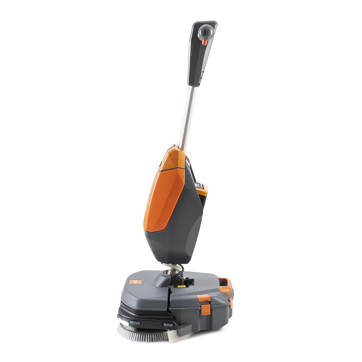 Rengöringsrobot med lång handhållen borste och orange och grå design