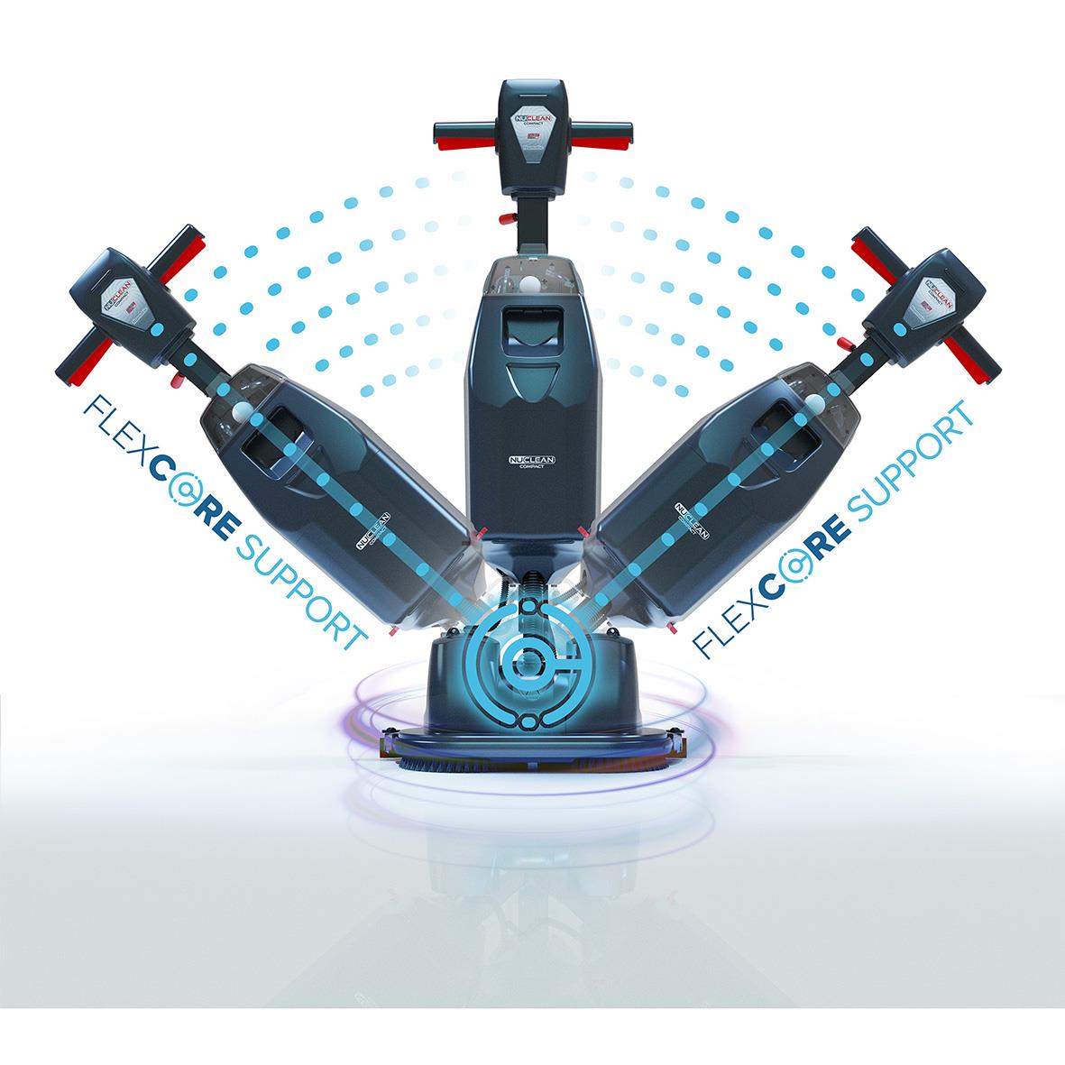 Kombiskurmaskin Nu-Mop Flex 2.2I med tre moppar och batteri, visar flexibel rengöringsenhet