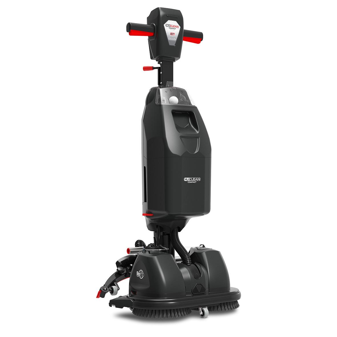 Kombiskurmaskin Nu-Mop Flex 2.2I utan batteri, svart med röda handtag och rengöringsborstar
