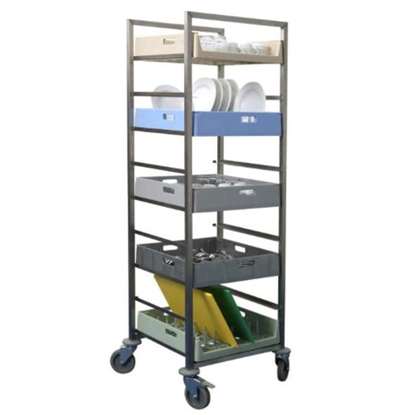Rostfri diskbacksvagn med 9 korgar, mått 570x505x1665 mm, på hjul