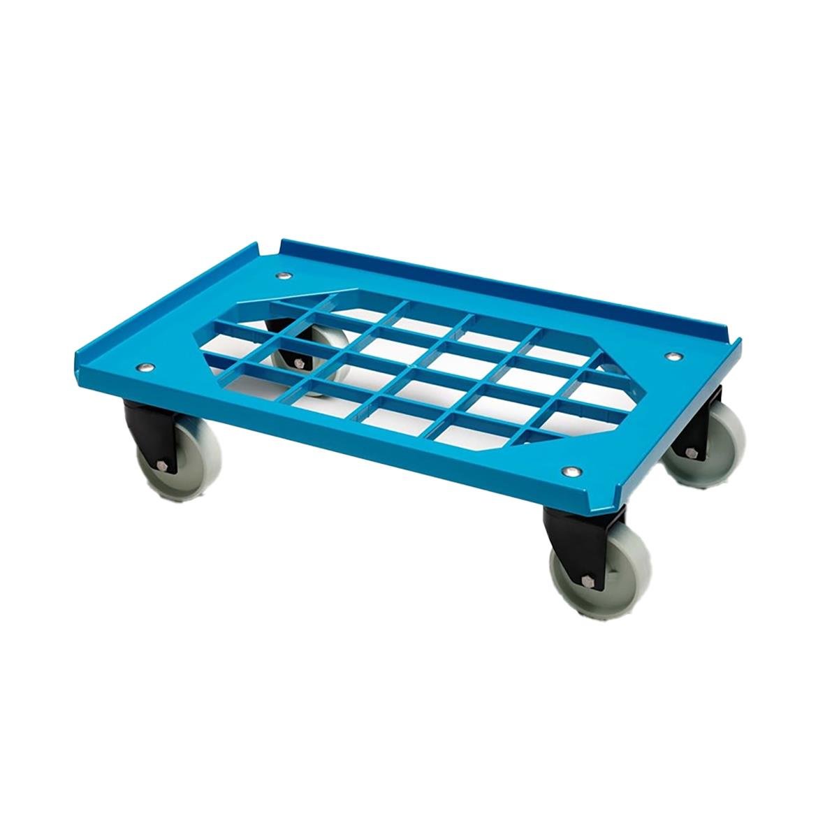 Blå vagn med hjul för back, mått 620x420 mm