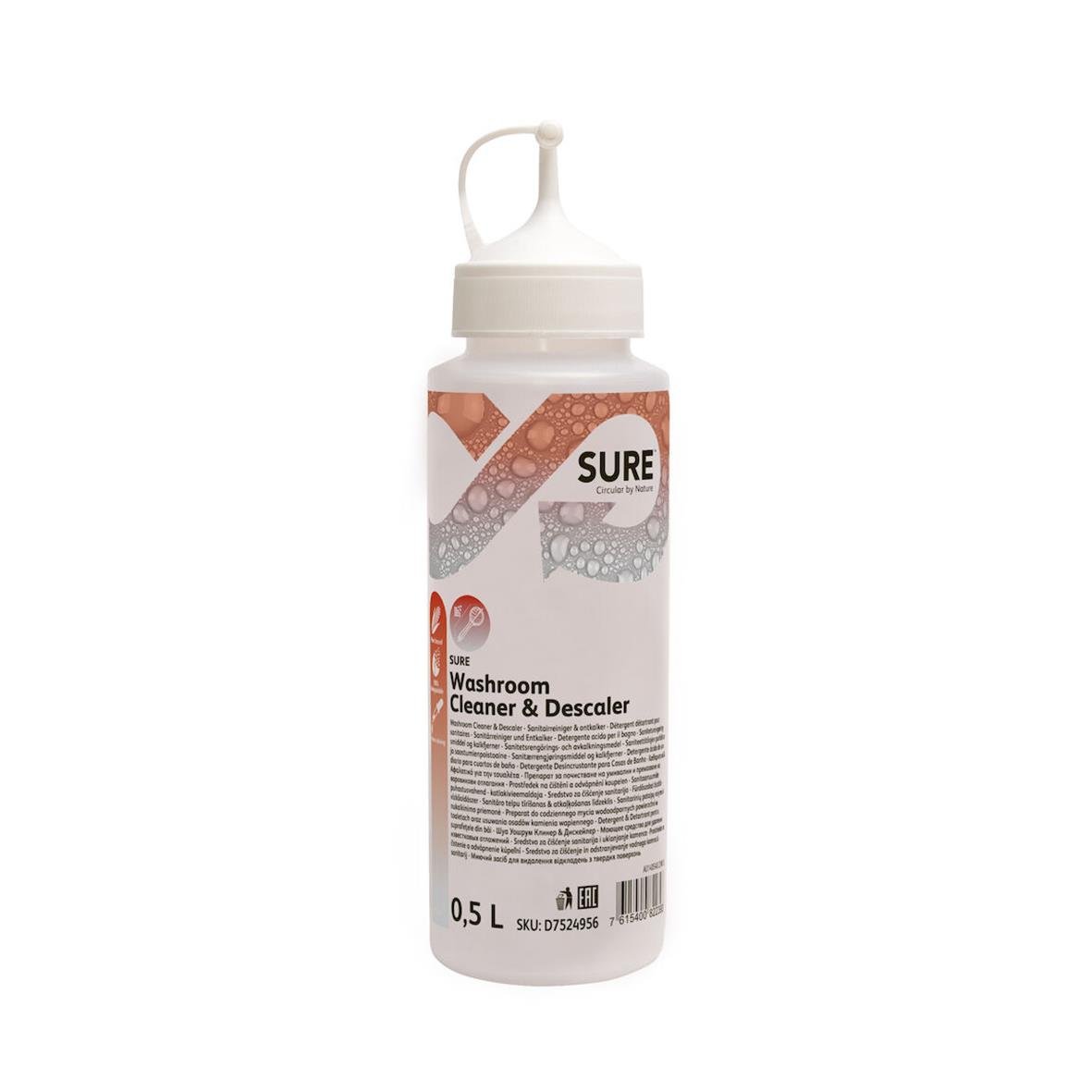 Flaska Diversey Sure Till Washroom Cleaner & Descaler W1779, vit plastflaska med spraymunstycke