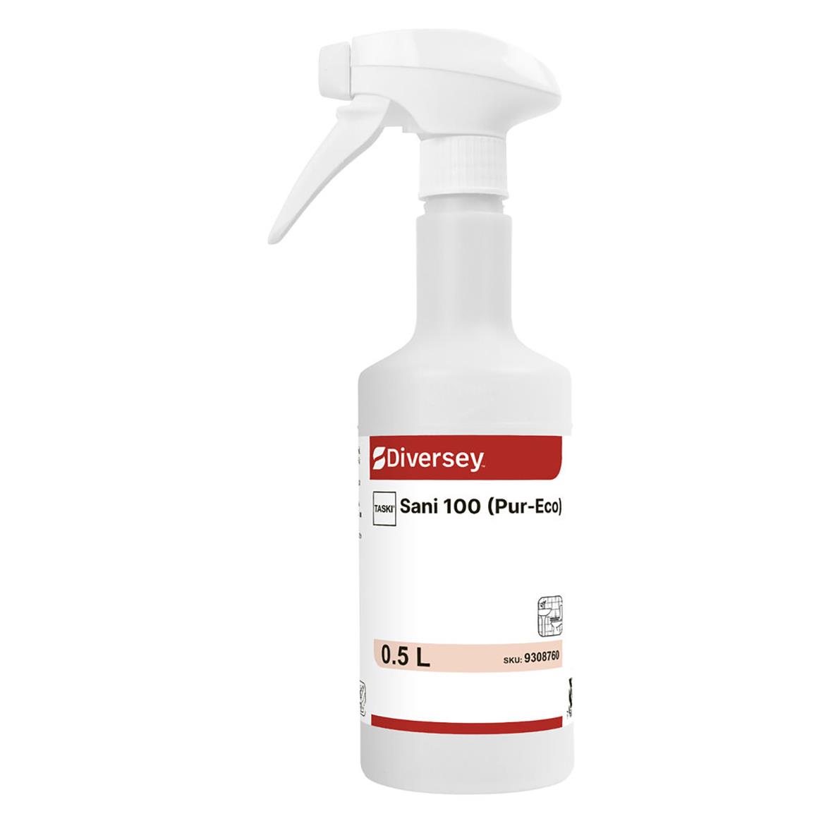 Sprayflaska Taski Sani 100 Pur-Eco 500ml med vit plastkropp och röd etikett