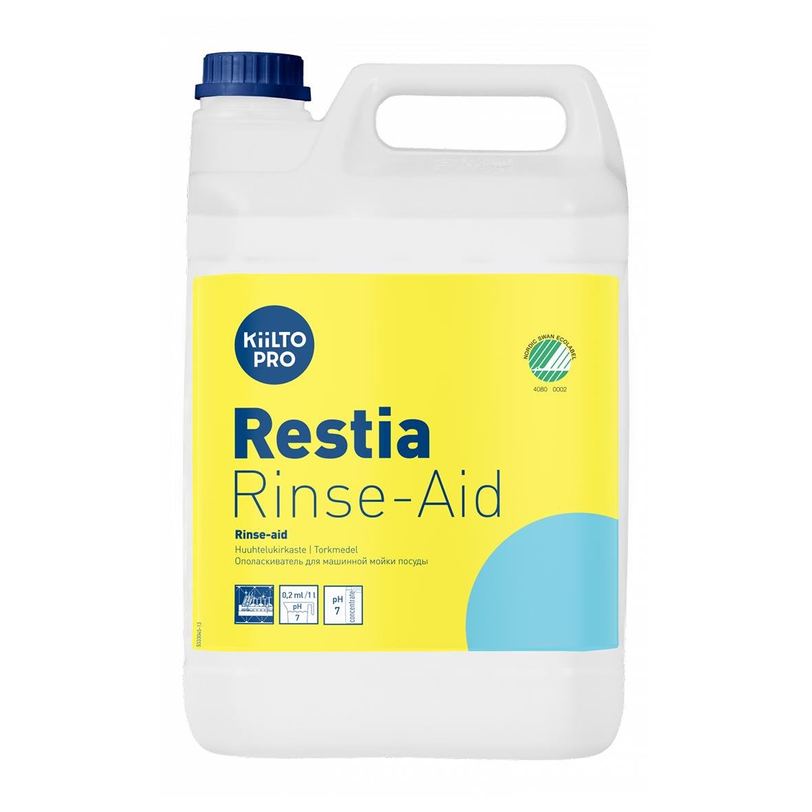 Stor 5L behållare med Kiilto Pro Restia Rinse-Aid, ett torkmedel för diskmaskiner