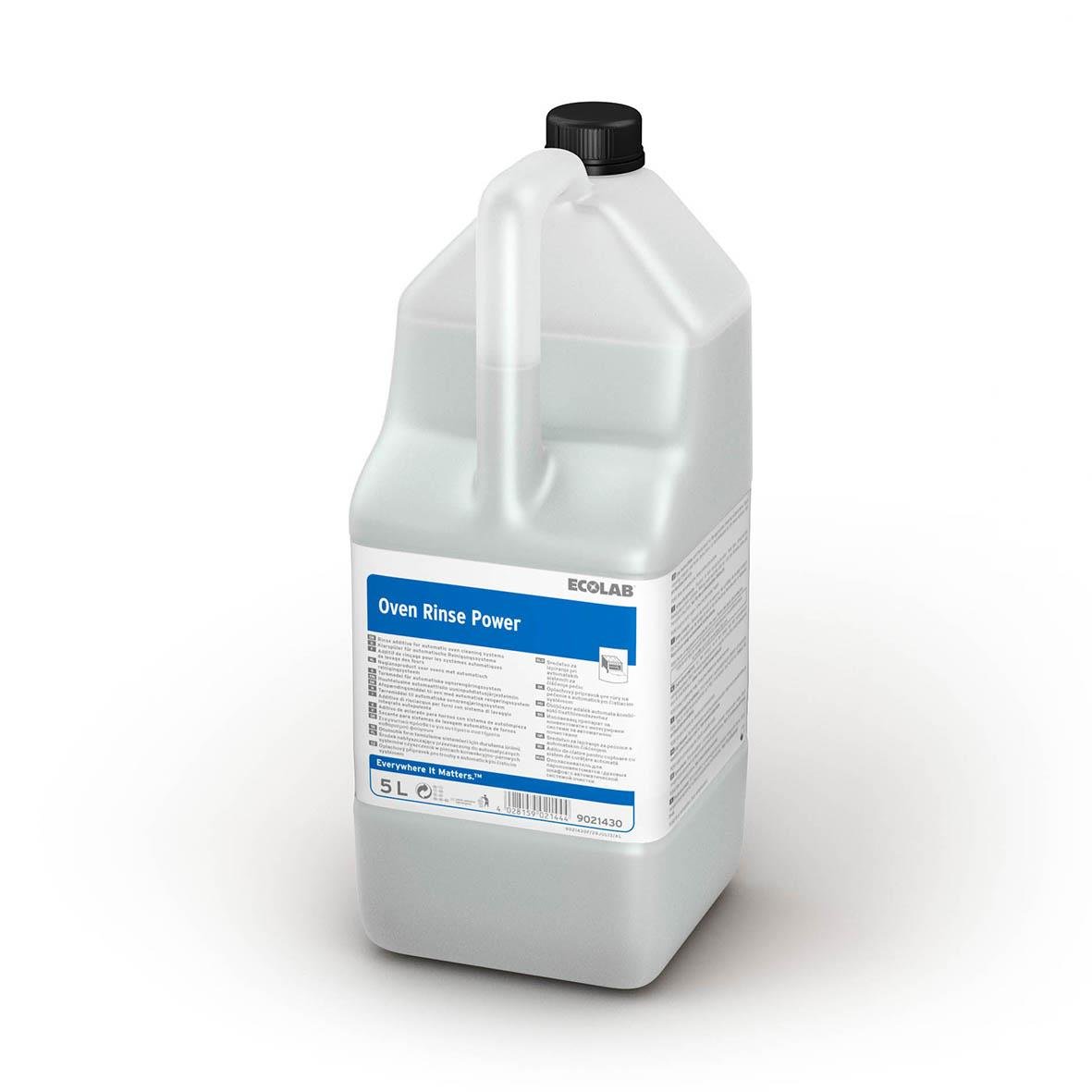 Stor vit plastflaska med svart lock och blå etikett för Ecolab Oven Rinse Power 5L